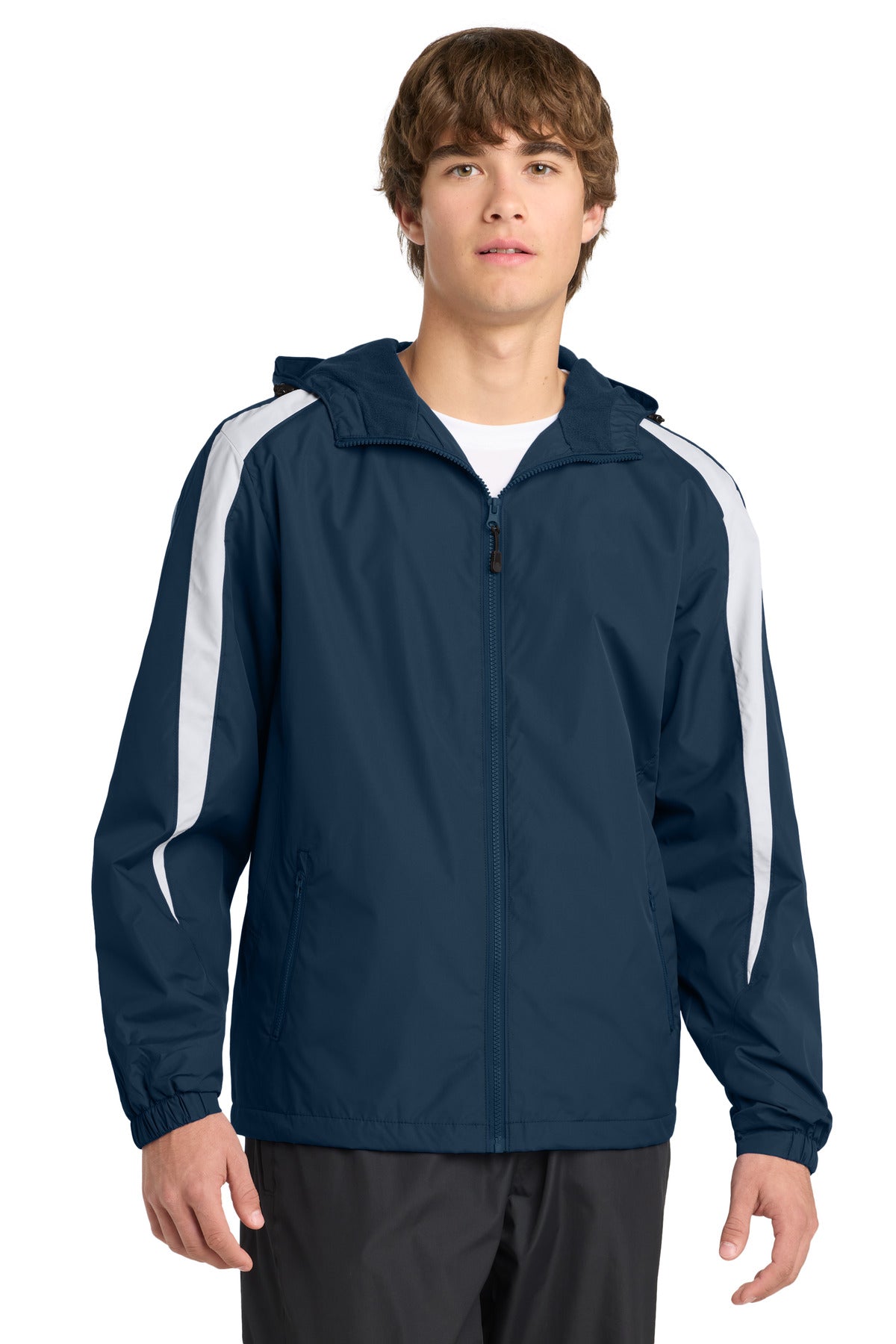 Front View of True Navy/Wht Sport-Tek Fleece-Lined Colorblock Jacket. JST81 plain