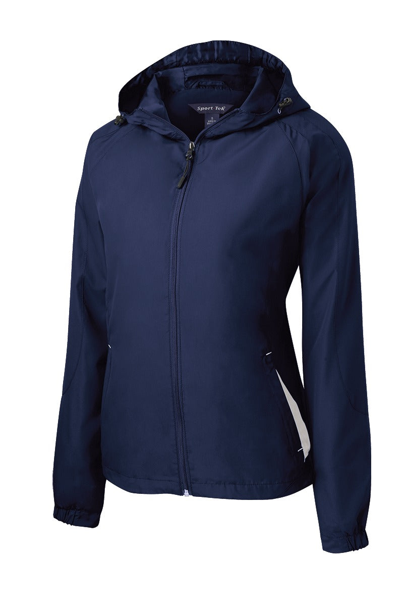 Front View of True Navy/Wht Sport-Tek Women's Colorblock Hooded Raglan Jacket. LST76 plain
