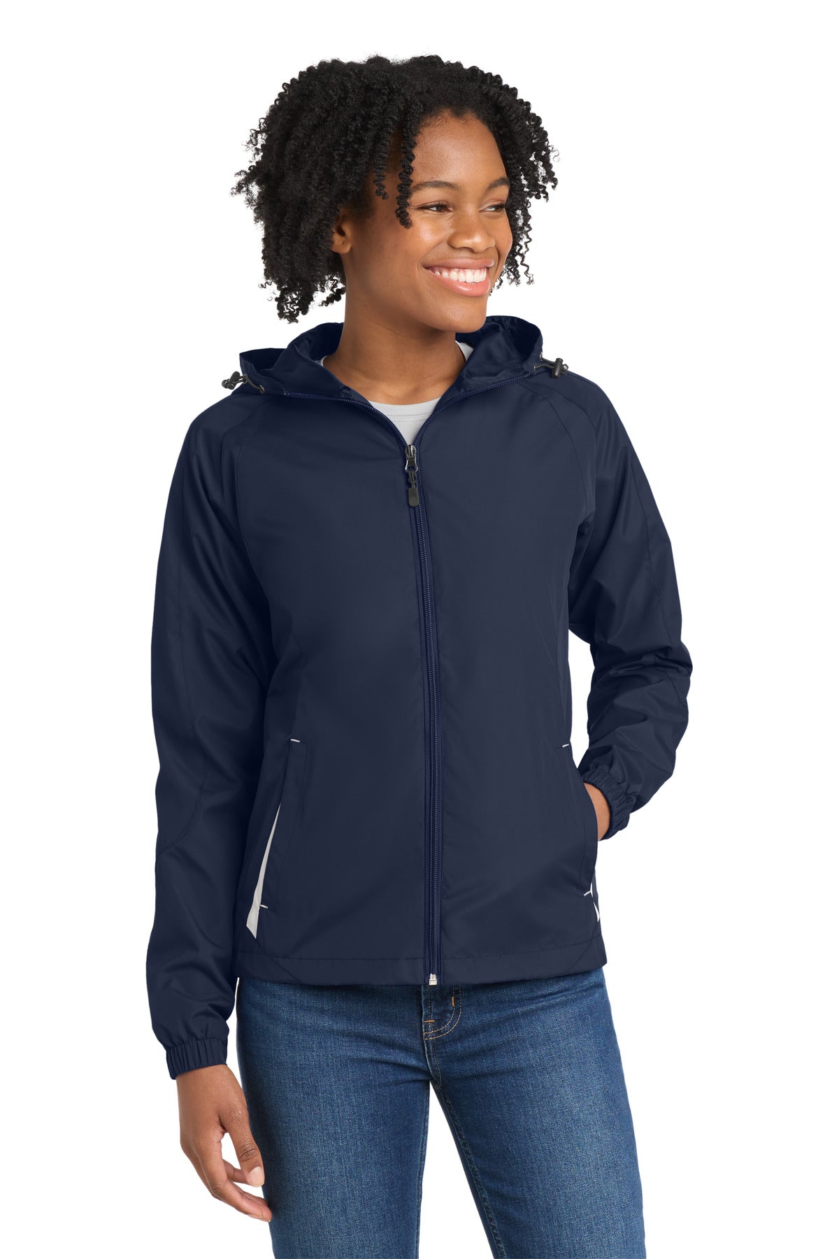 Front View of True Navy/Wht Sport-Tek Women's Colorblock Hooded Raglan Jacket. LST76 plain