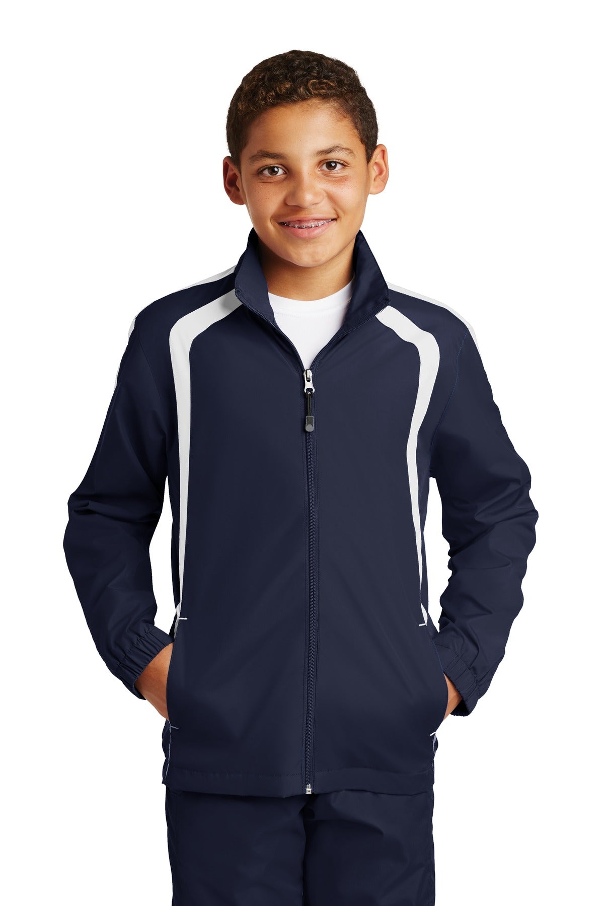 Front View of True Navy/Wht Sport-Tek Youth Colorblock Raglan Jacket. YST60 plain