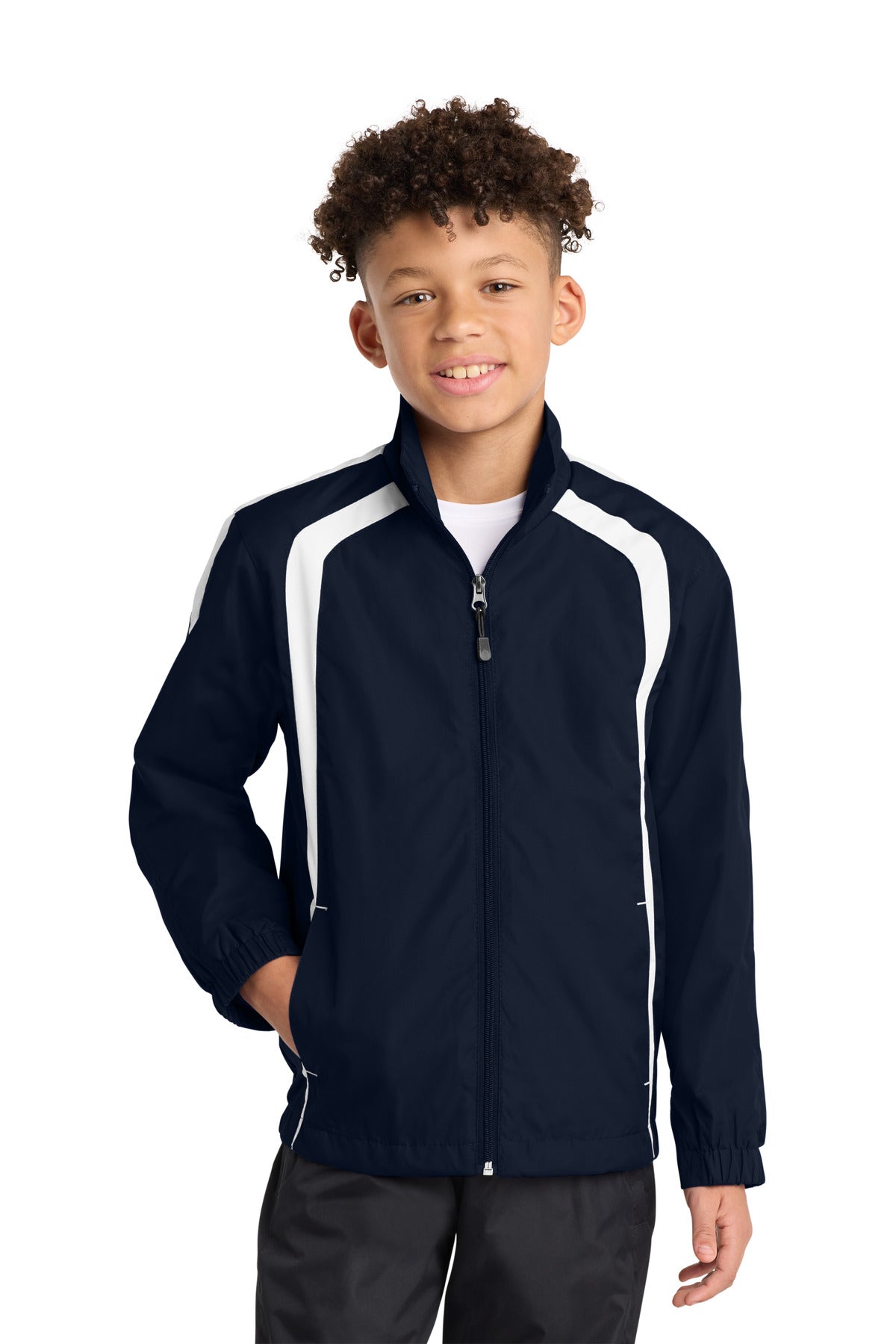 Front View of True Navy/Wht Sport-Tek Youth Colorblock Raglan Jacket. YST60