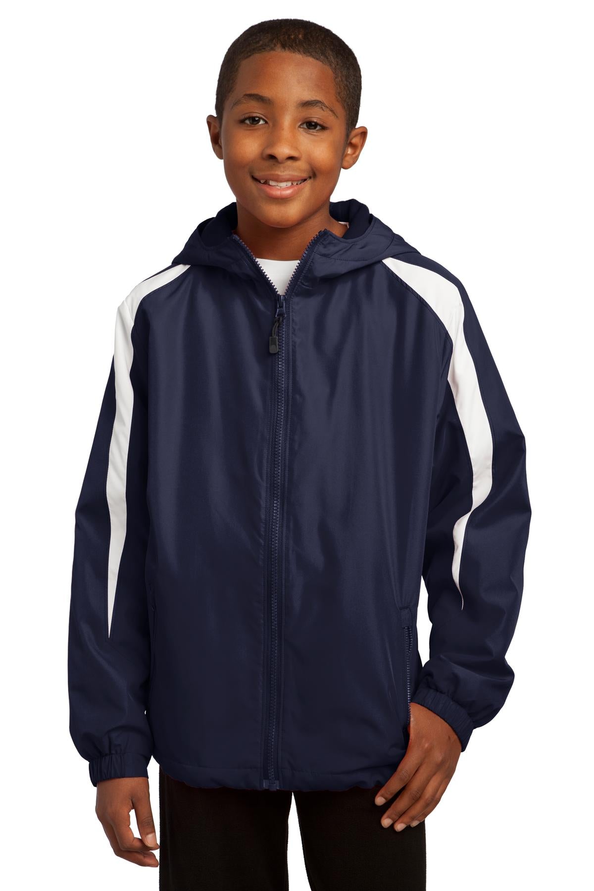 Front View of True Navy/Wht Sport-Tek Youth Fleece-Lined Colorblock Jacket. YST81 plain