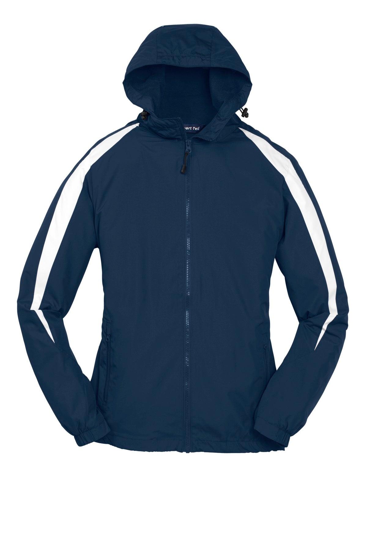Front View of True Navy/Wht Sport-Tek Youth Fleece-Lined Colorblock Jacket. YST81 plain