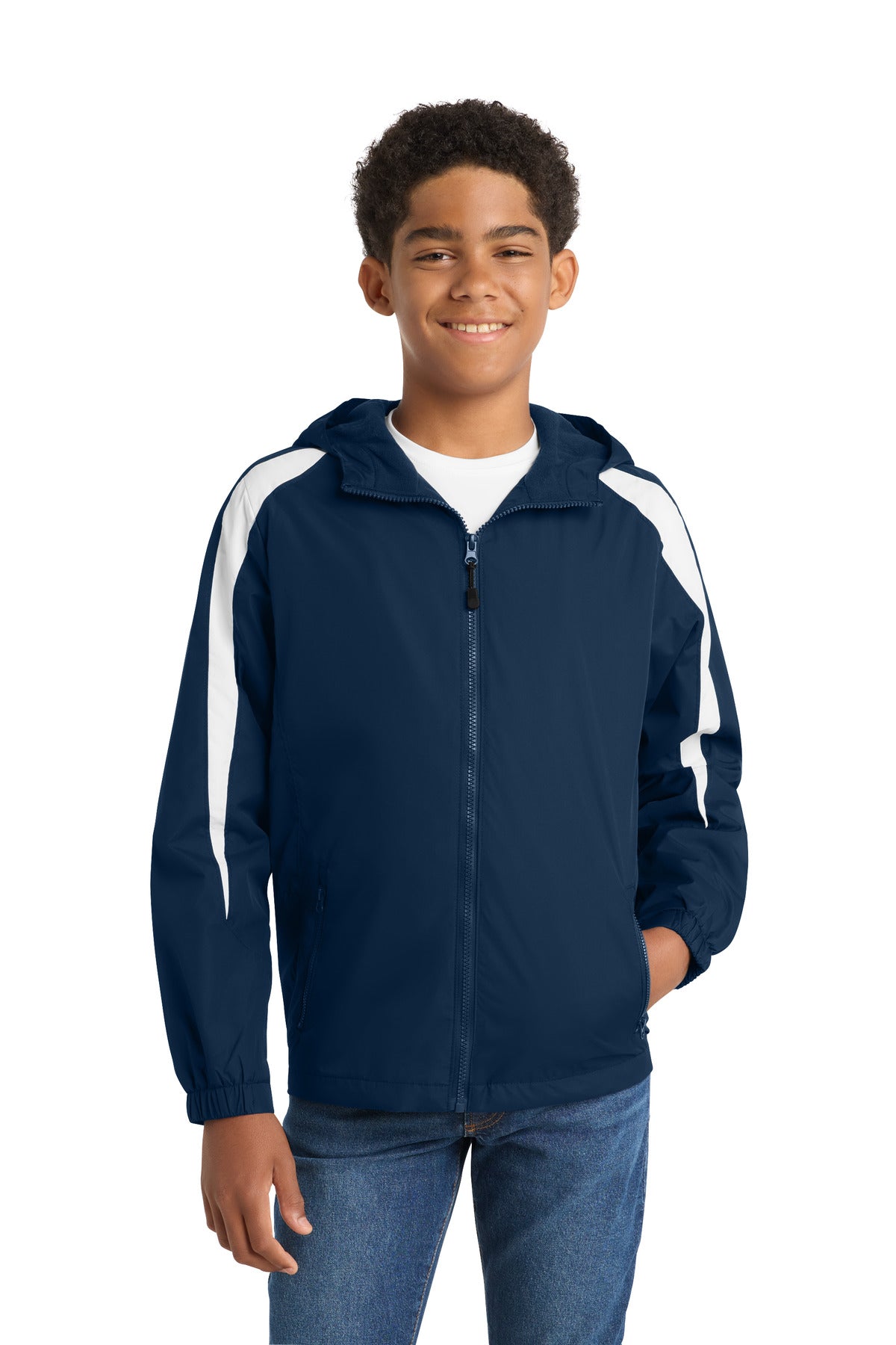 Front View of True Navy/Wht Sport-Tek Youth Fleece-Lined Colorblock Jacket. YST81 plain