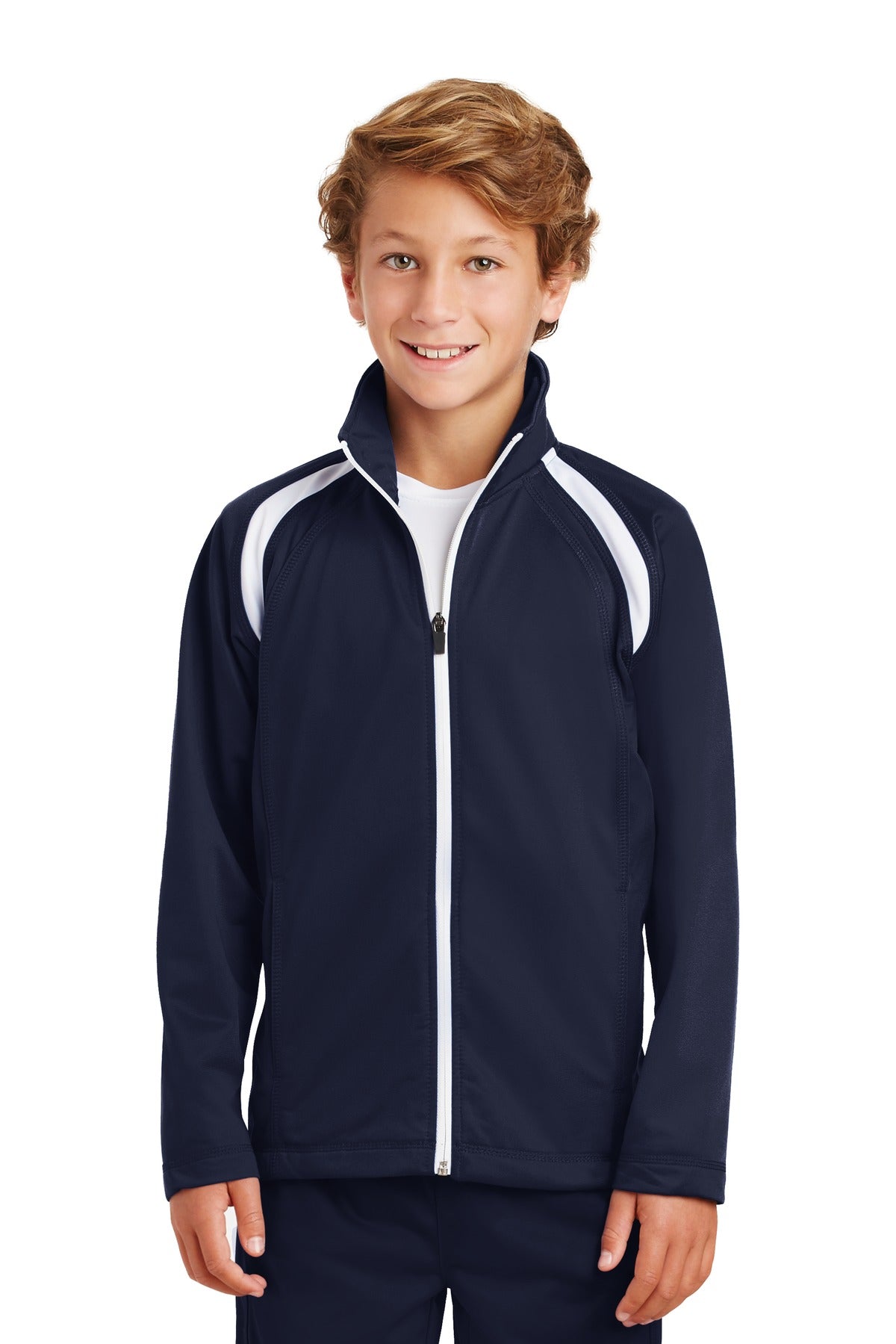 Front View of True Navy/Wht Sport-Tek Youth Tricot Track Jacket. YST90 plain