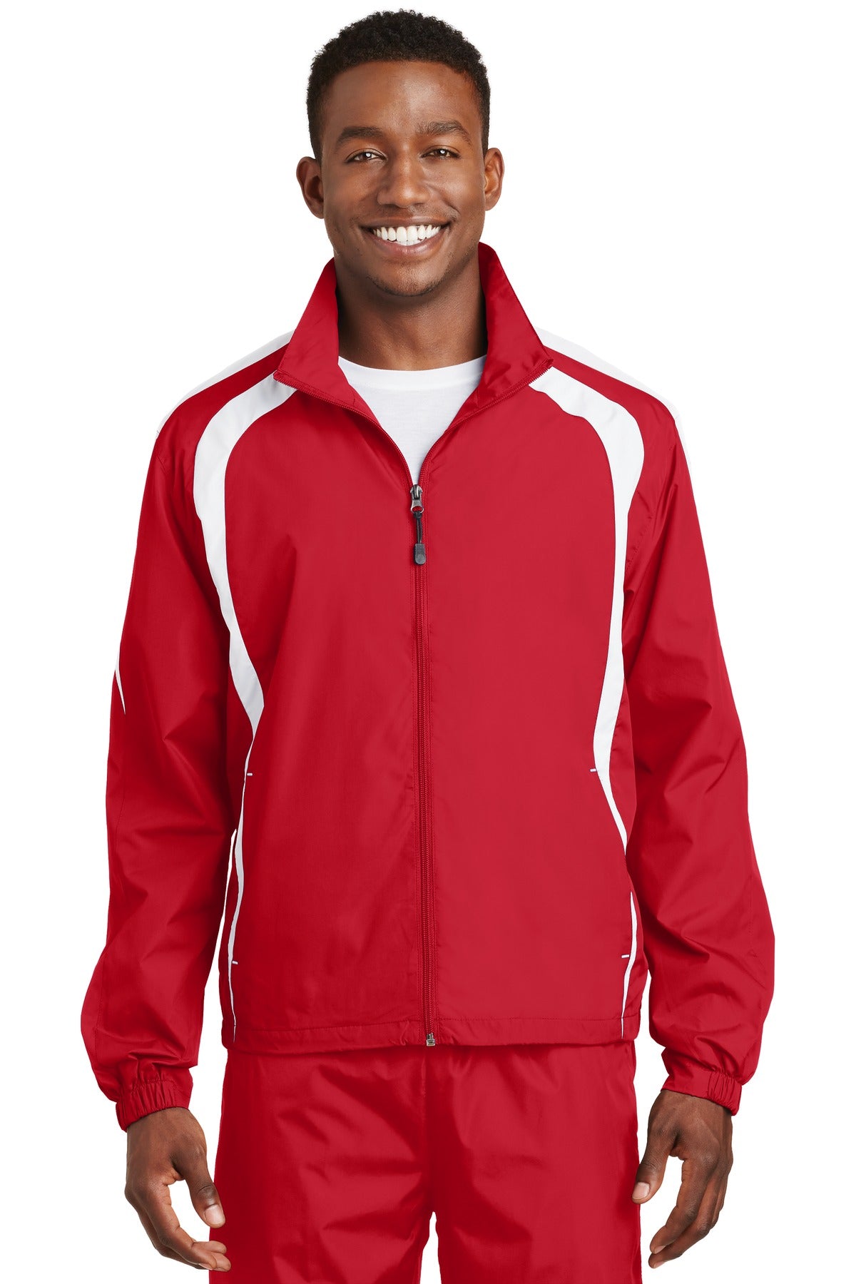 Front View of True Red/White Sport-Tek Colorblock Raglan Jacket. JST60 plain