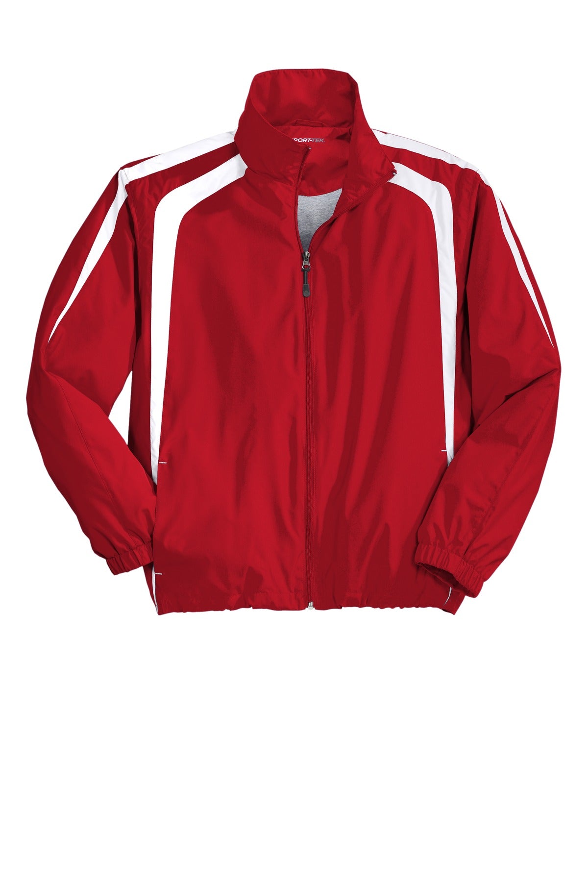 Front View of True Red/White Sport-Tek Colorblock Raglan Jacket. JST60 plain
