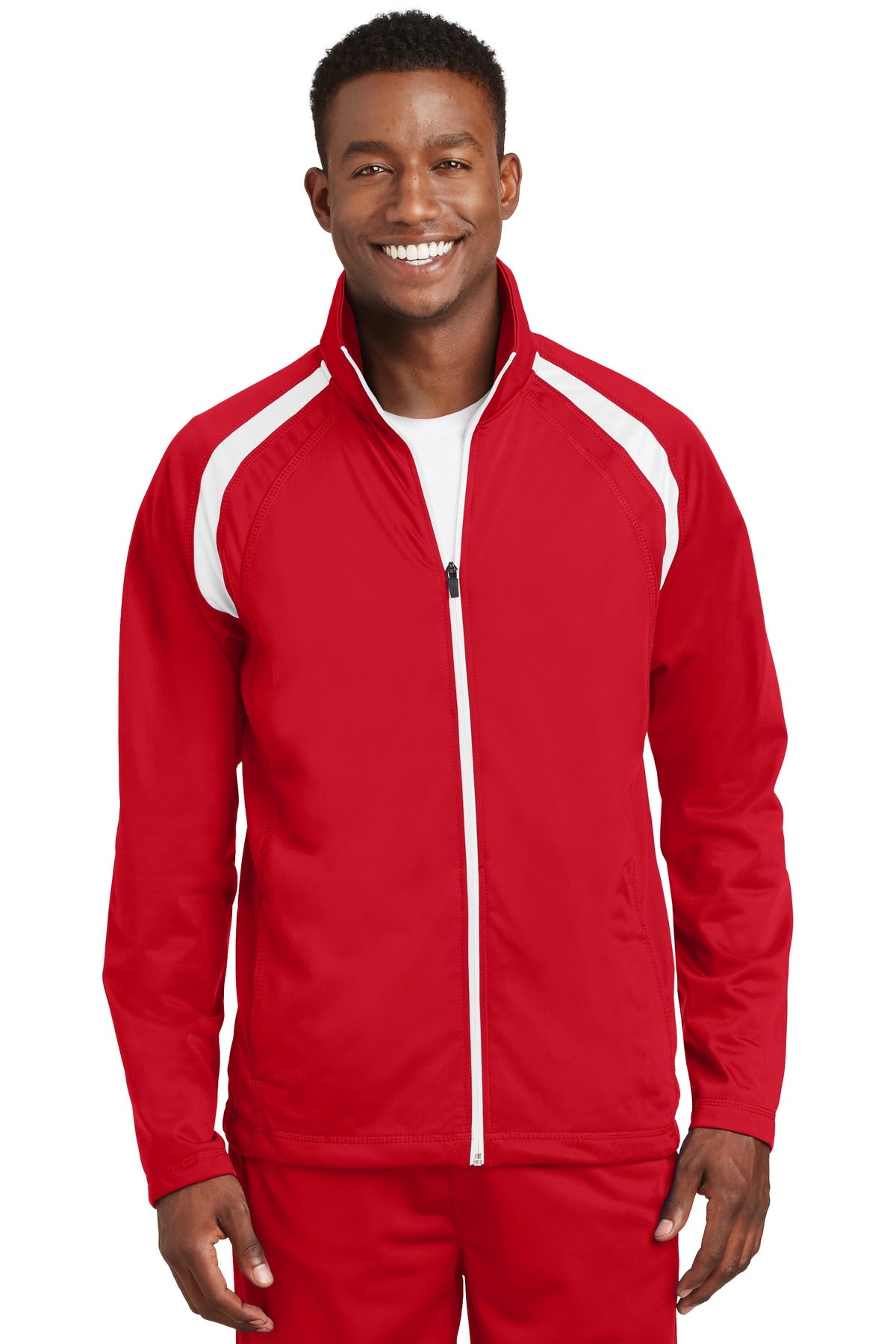 Front View of True Red/White Sport-Tek Tricot Track Jacket. JST90 plain