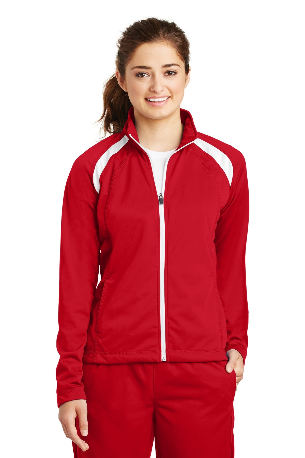 Front View of True Red/White Sport-Tek Women's Tricot Track Jacket. LST90 plain