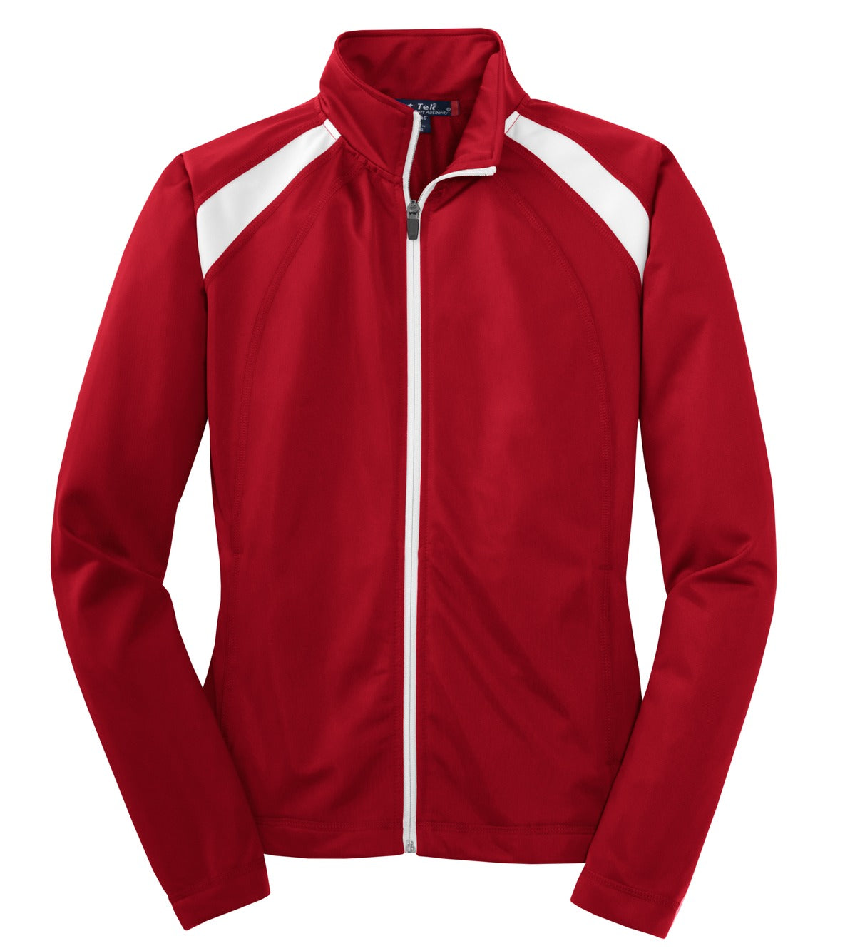 Front View of True Red/White Sport-Tek Women's Tricot Track Jacket. LST90 plain