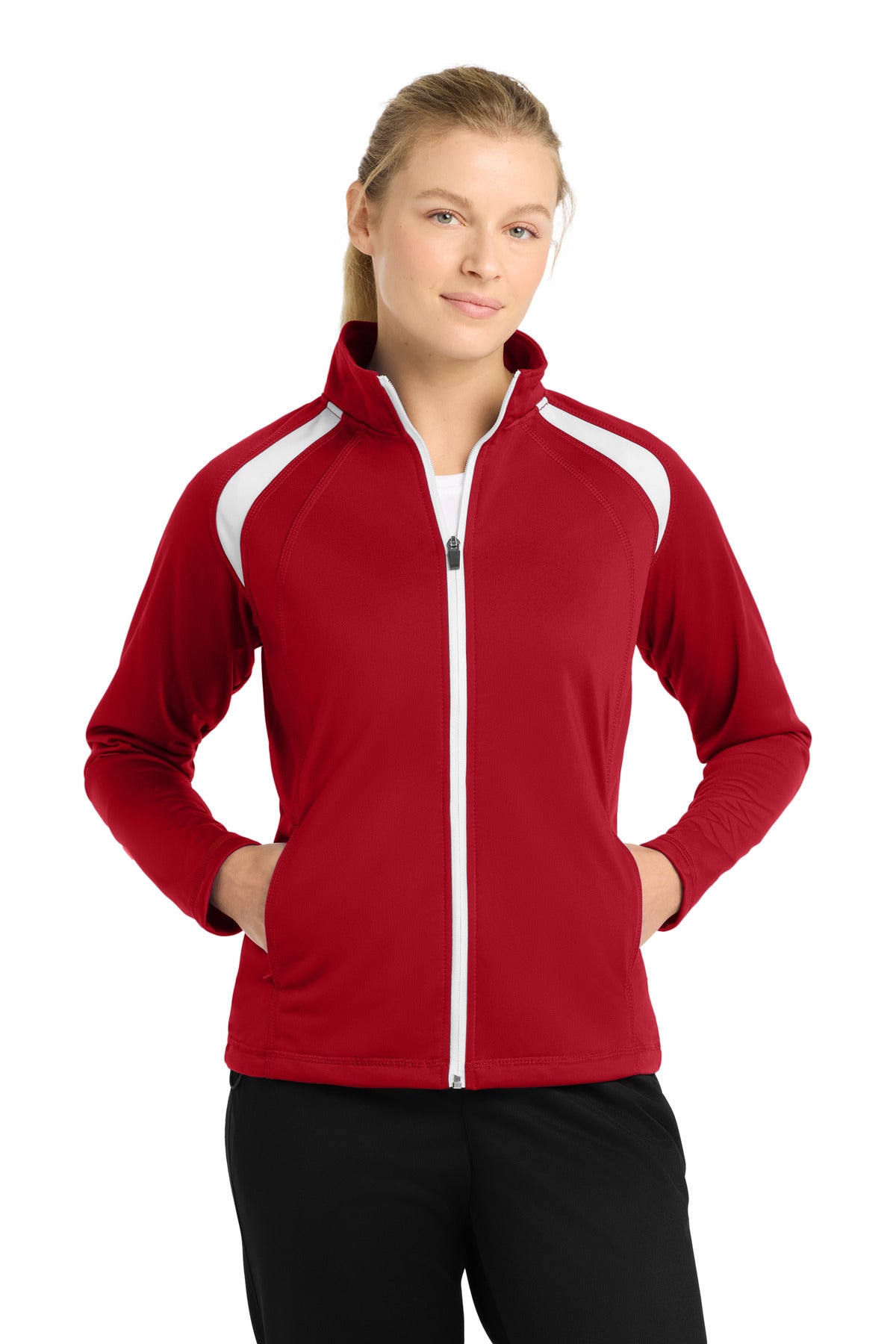 Front View of True Red/White Sport-Tek Women's Tricot Track Jacket. LST90 plain