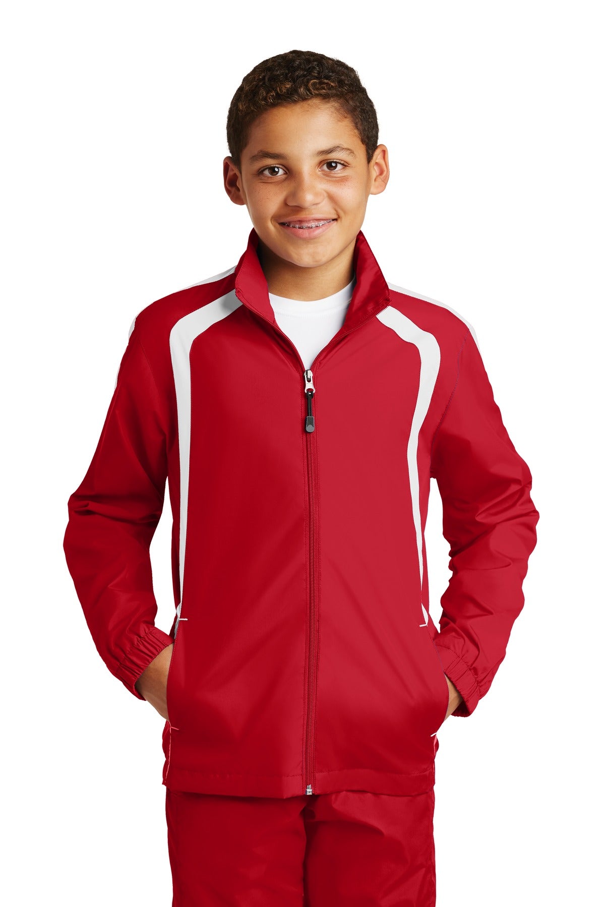 Front View of True Red/White Sport-Tek Youth Colorblock Raglan Jacket. YST60 plain