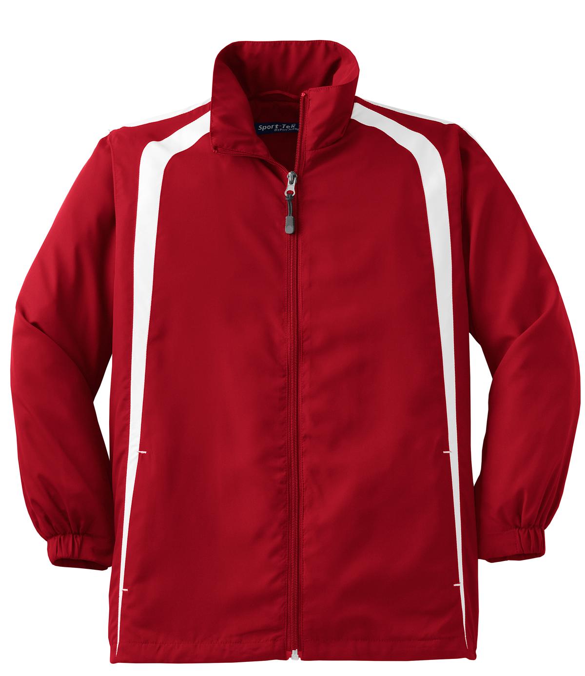 Front View of True Red/White Sport-Tek Youth Colorblock Raglan Jacket. YST60 plain