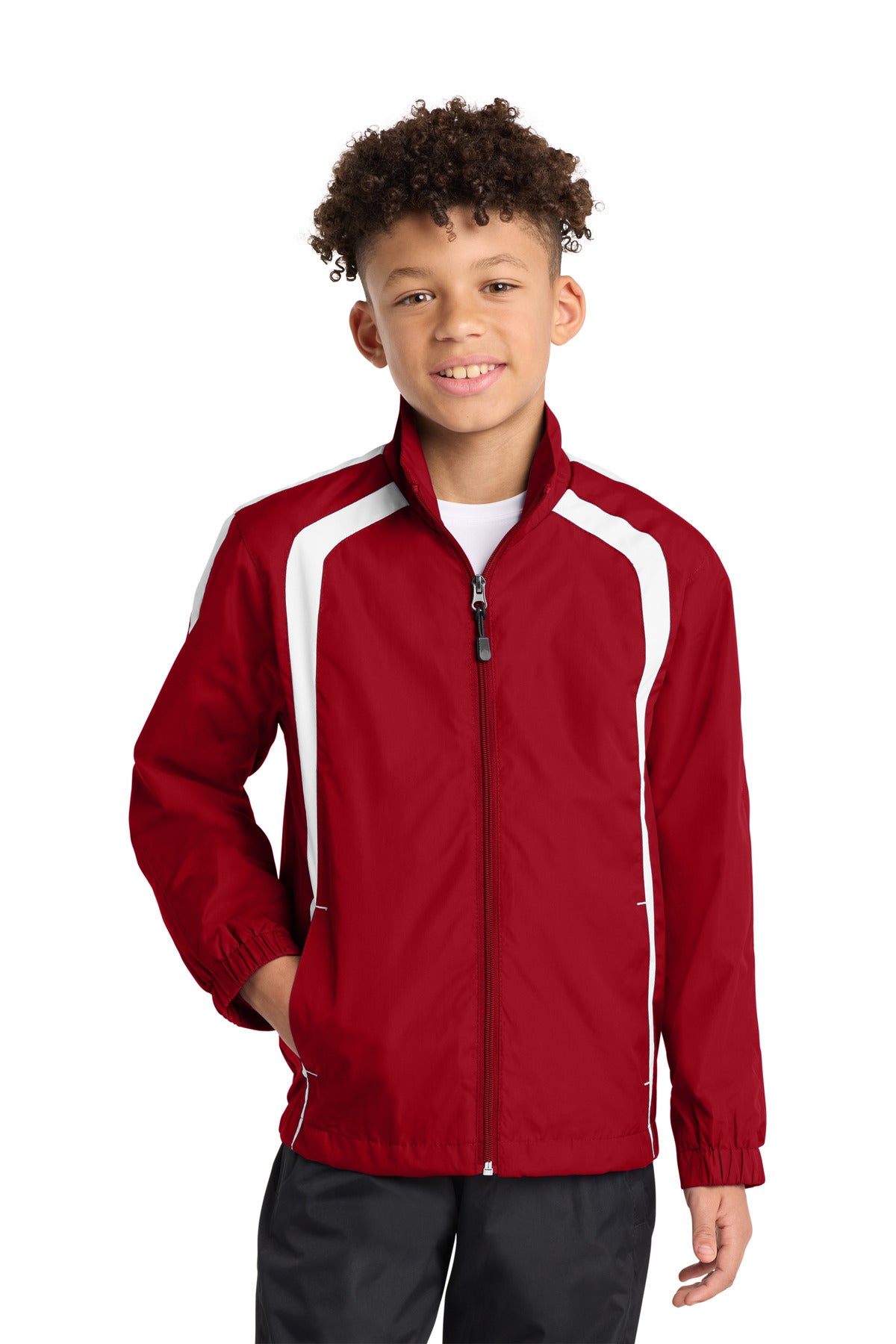 Front View of True Red/White Sport-Tek Youth Colorblock Raglan Jacket. YST60