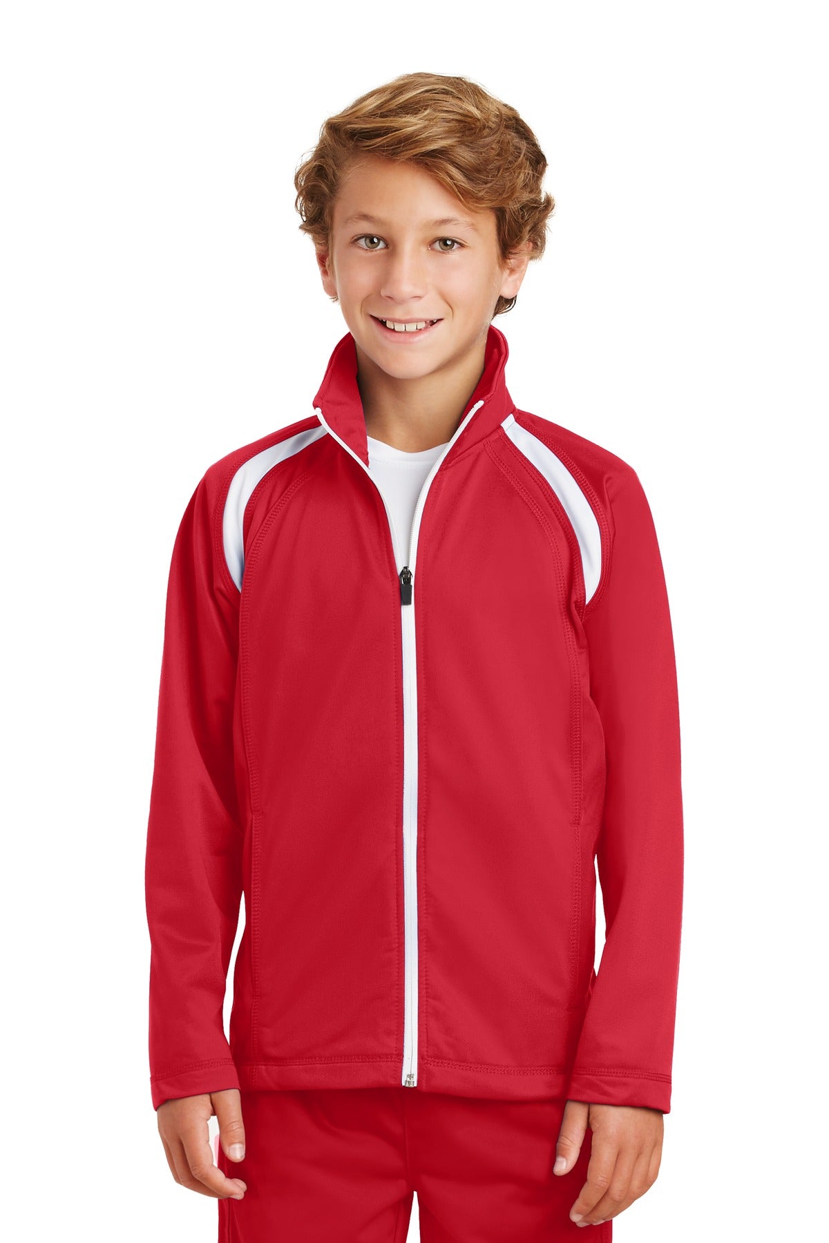 Front View of True Red/White Sport-Tek Youth Tricot Track Jacket. YST90 plain