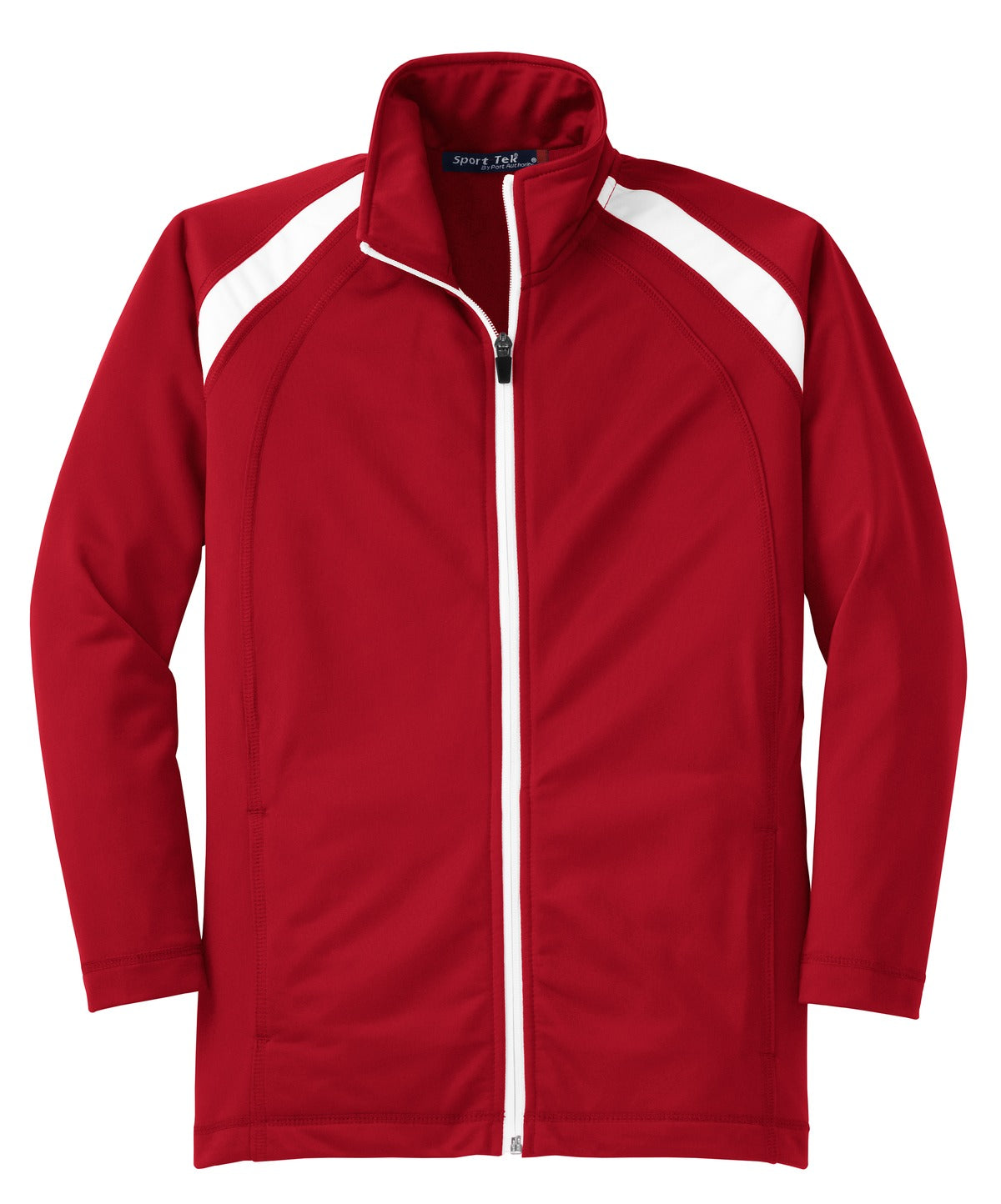 Front View of True Red/White Sport-Tek Youth Tricot Track Jacket. YST90