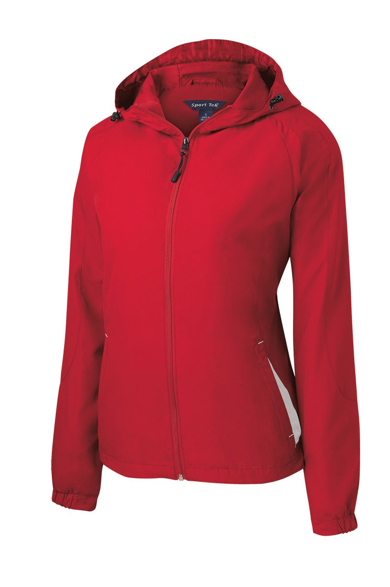 Front View of True Red/Wht Sport-Tek Women's Colorblock Hooded Raglan Jacket. LST76 plain