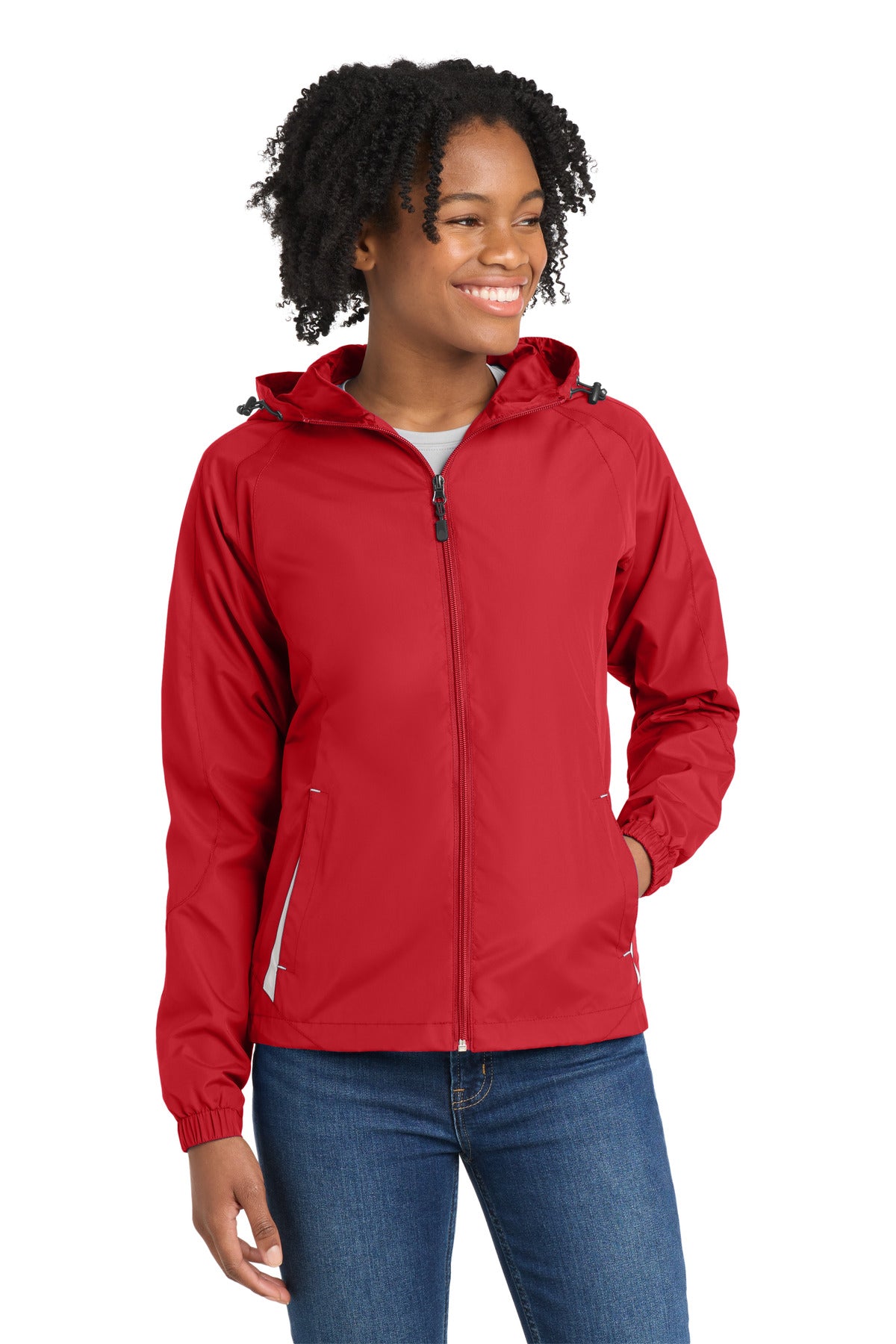 Front View of True Red/Wht Sport-Tek Women's Colorblock Hooded Raglan Jacket. LST76 plain