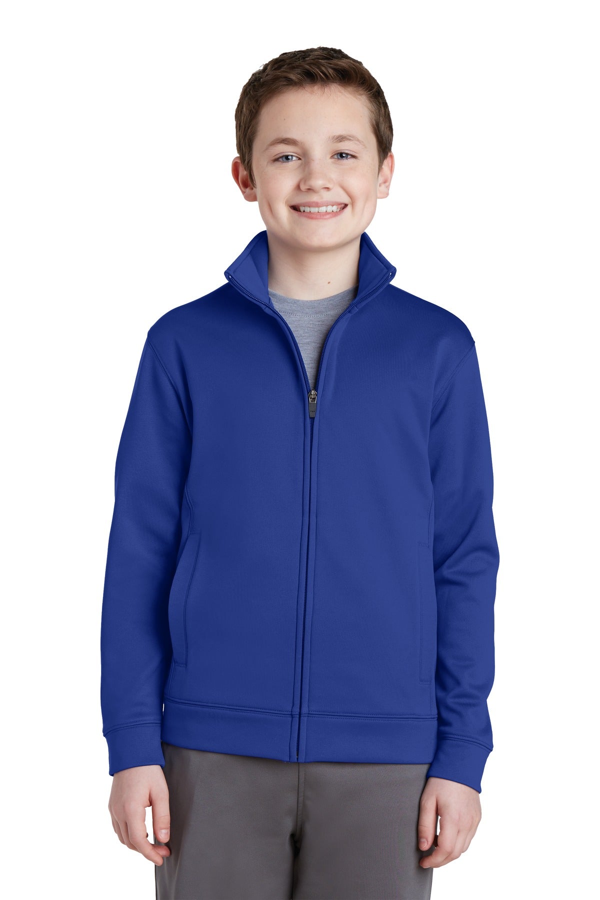 Front View of True Royal Sport-Tek Youth Sport-Wick Fleece Full-Zip Jacket. YST241 plain