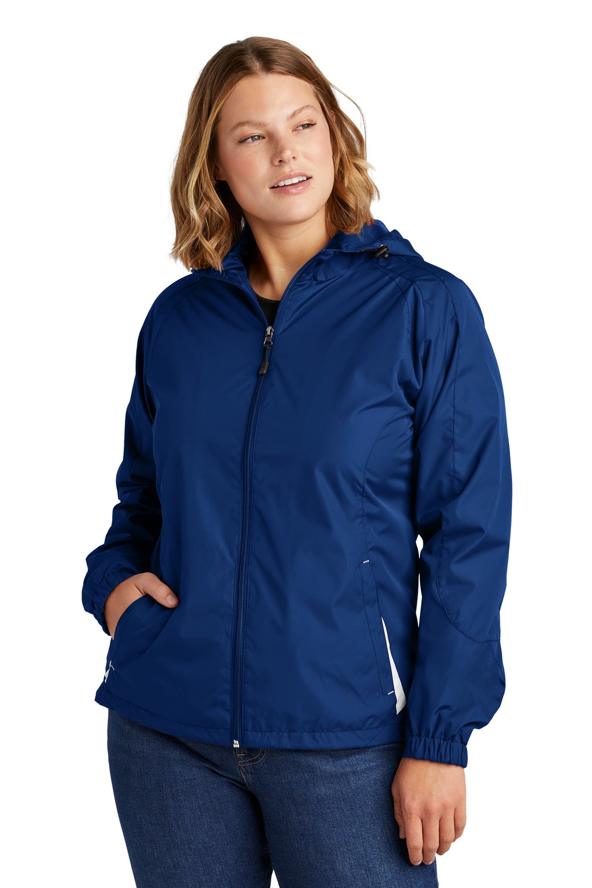 Front View of True Royal/Wht Sport-Tek Women's Colorblock Hooded Raglan Jacket. LST76 plain