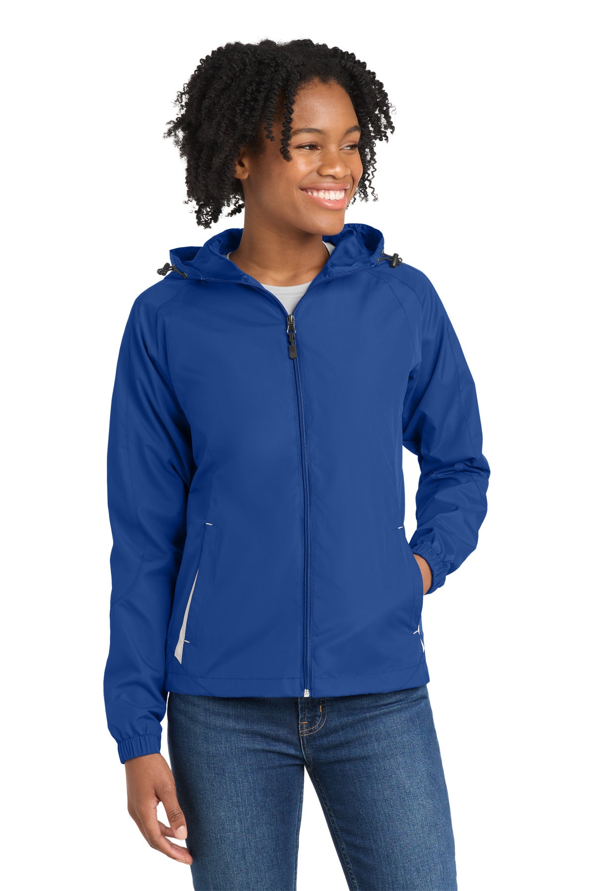 Front View of True Royal/Wht Sport-Tek Women's Colorblock Hooded Raglan Jacket. LST76 plain