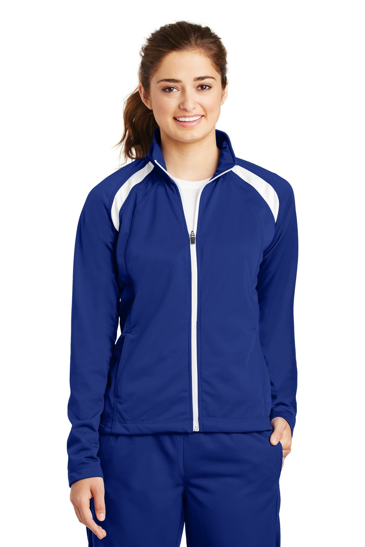 Front View of True Royal/Wht Sport-Tek Women's Tricot Track Jacket. LST90 plain