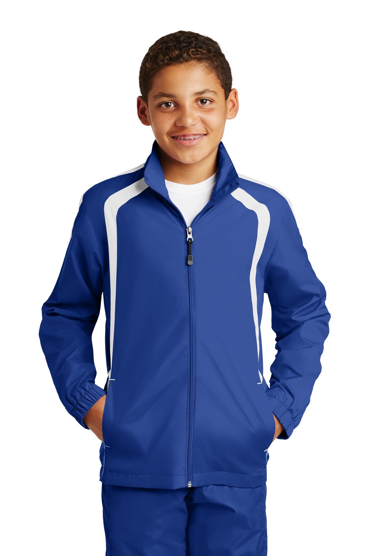 Front View of True Royal/Wht Sport-Tek Youth Colorblock Raglan Jacket. YST60 plain