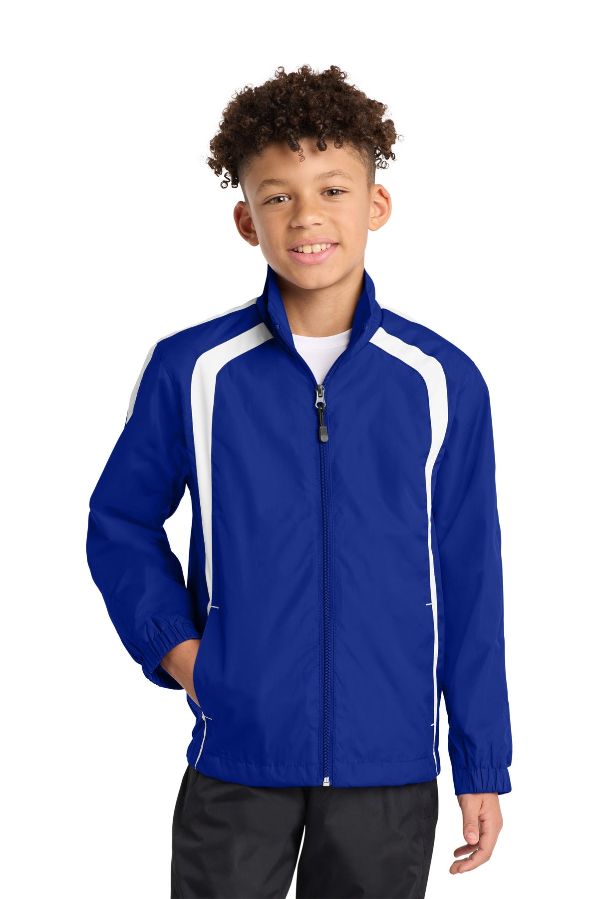 Front View of True Royal/Wht Sport-Tek Youth Colorblock Raglan Jacket. YST60