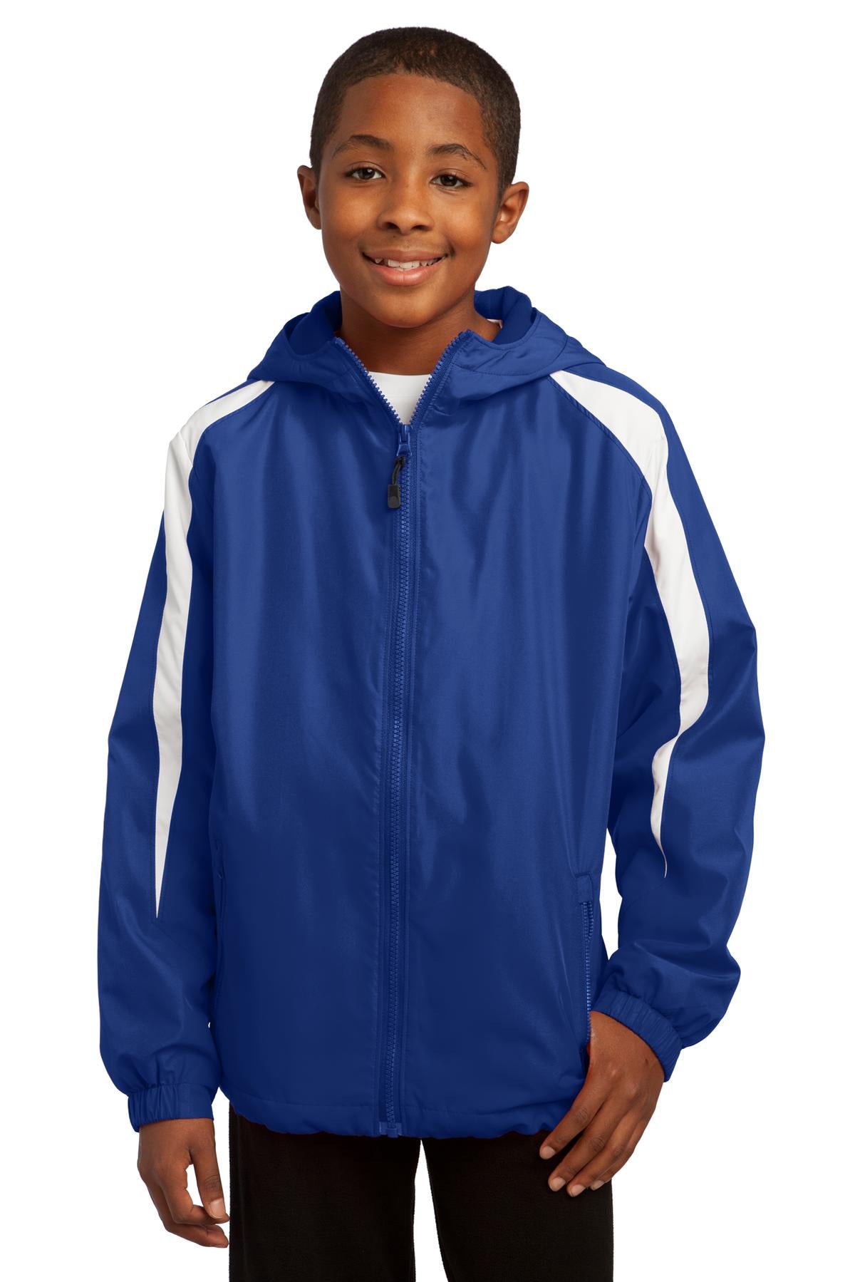 Front View of True Royal/Wht Sport-Tek Youth Fleece-Lined Colorblock Jacket. YST81