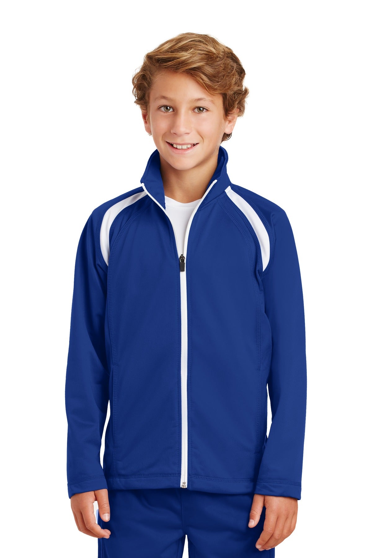 Front View of True Royal/Wht Sport-Tek Youth Tricot Track Jacket. YST90 plain