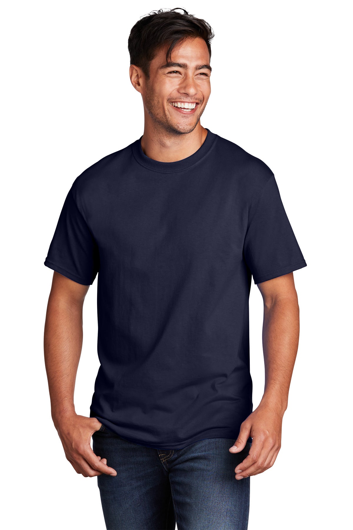 Front View of TrueNavy Port & Co Core Cotton Tee. PC54 plain
