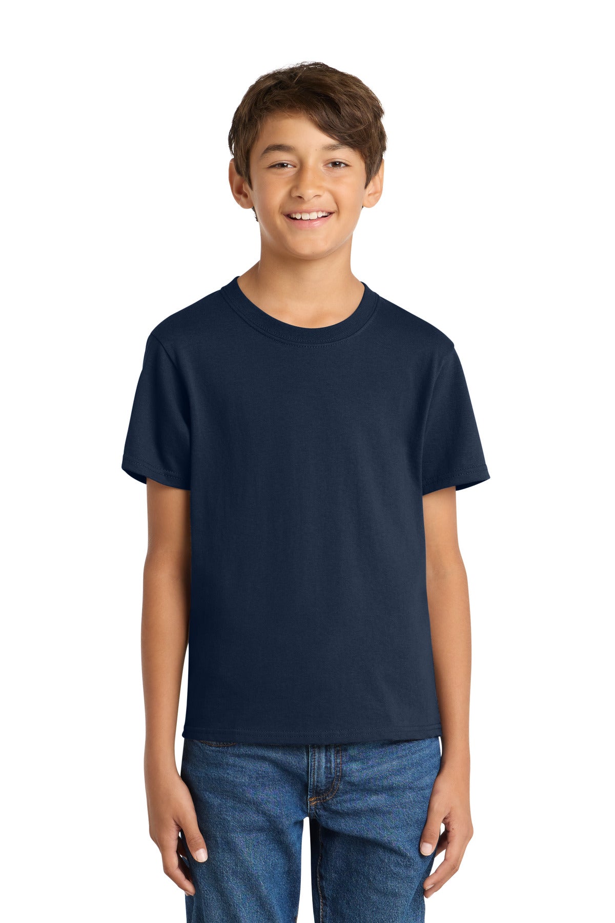 Front View of TrueNavy Port & Co Youth Core Cotton Tee. PC54Y plain