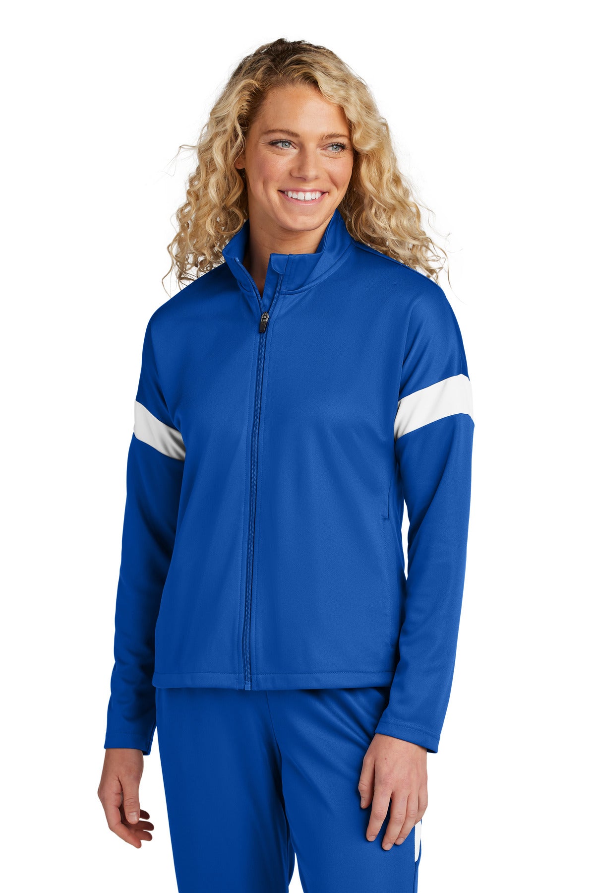 Front View of TRy/White Sport-Tek Women's Travel Full-Zip Jacket LST800 plain
