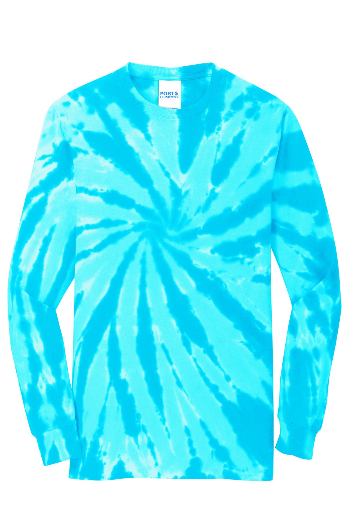 Front View of Turquoise Port & Co Tie-Dye Long Sleeve Tee. PC147LS plain