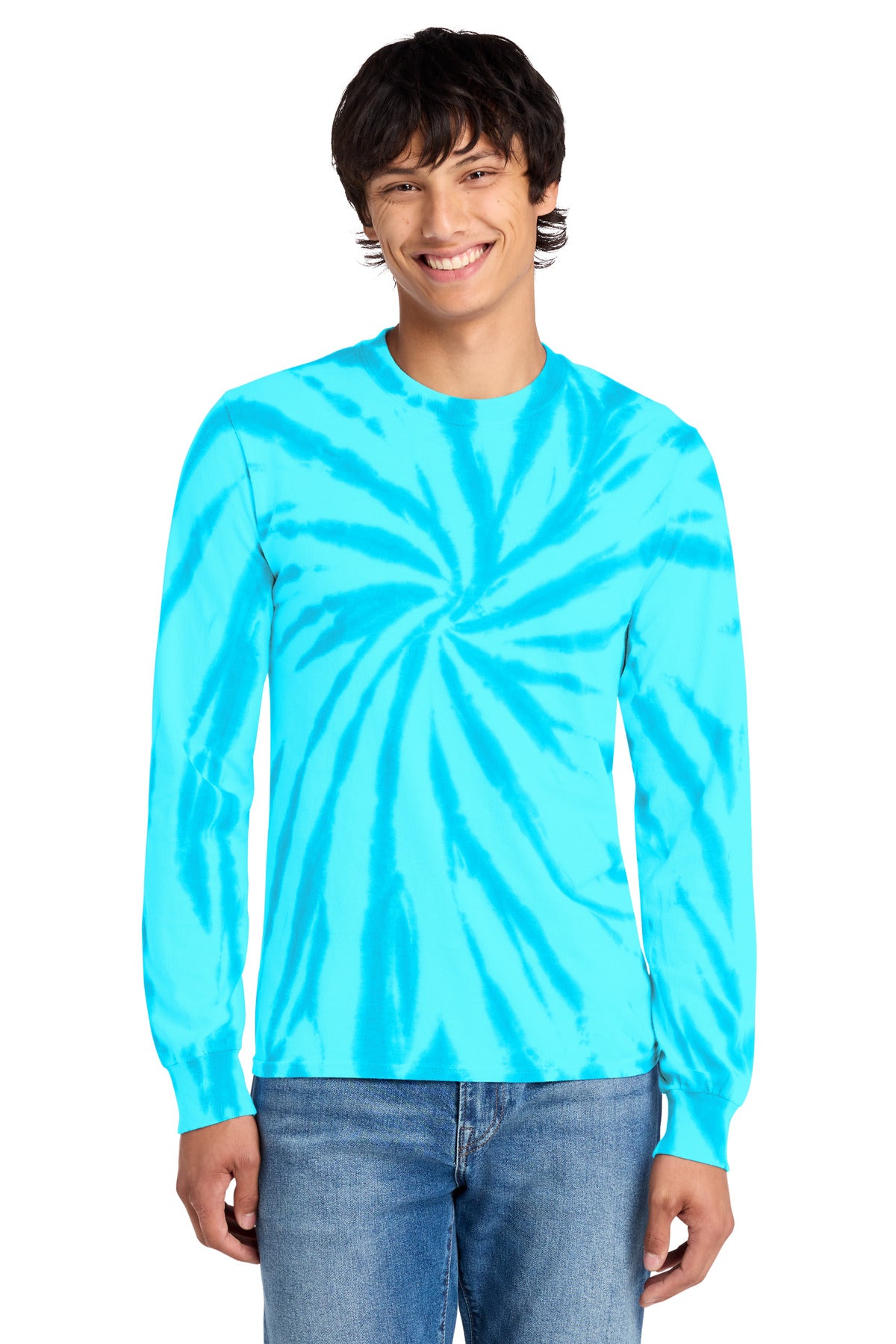 Front View of Turquoise Port & Co Tie-Dye Long Sleeve Tee. PC147LS plain