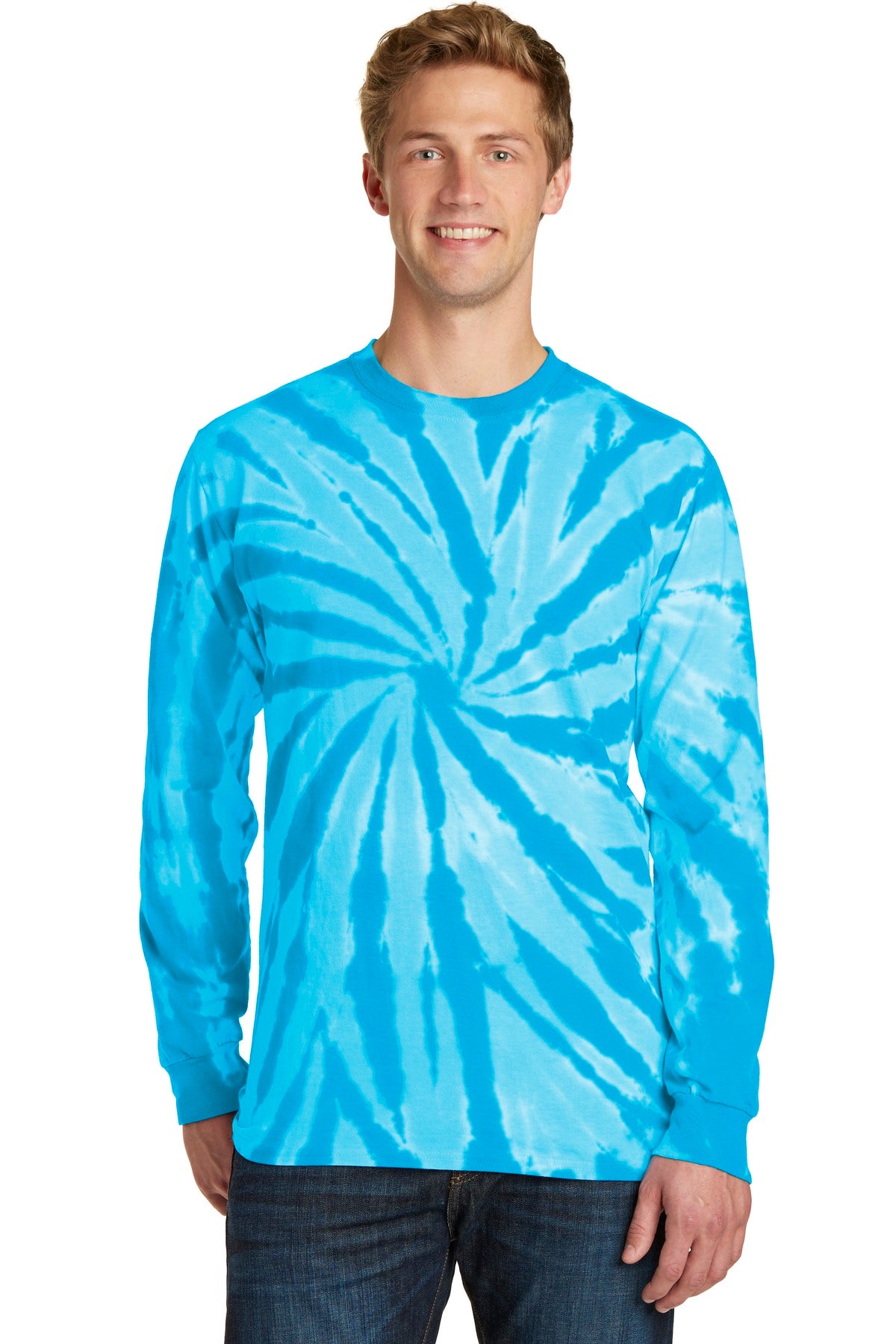 Front View of Turquoise Port & Co Tie-Dye Long Sleeve Tee. PC147LS