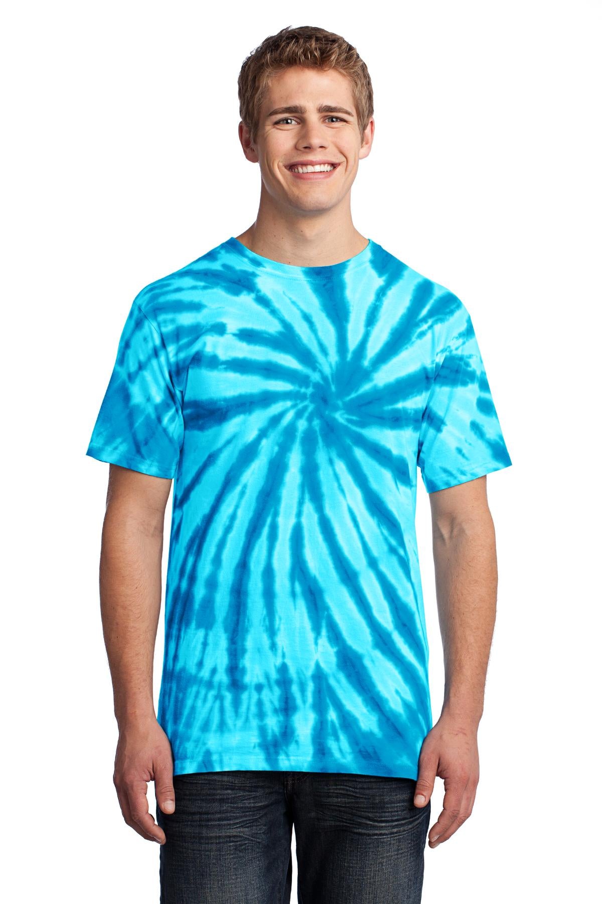 Front View of Turquoise Port & Co Tie-Dye Tee. PC147 plain