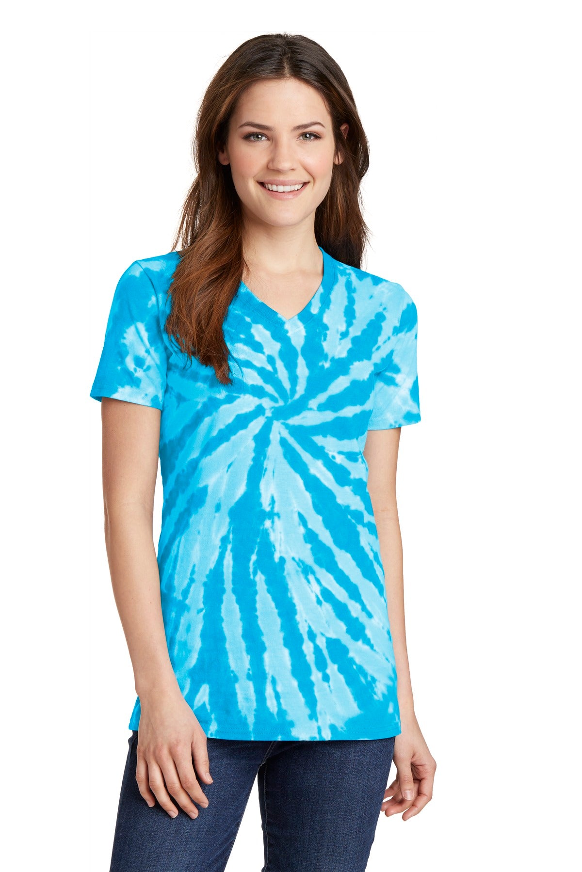 Front View of Turquoise Port & Co Women's Tie-Dye V-Neck Tee. LPC147V plain