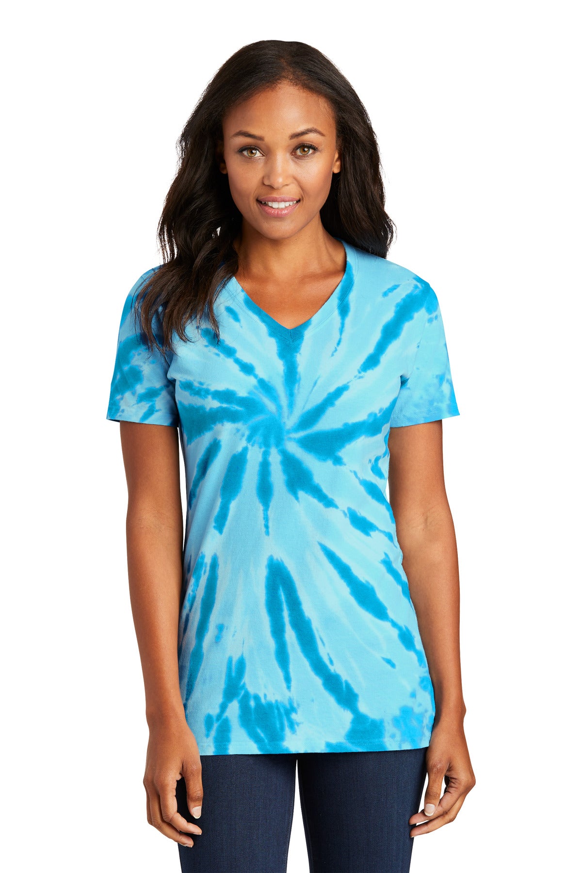 Front View of Turquoise Port & Co Women's Tie-Dye V-Neck Tee. LPC147V plain