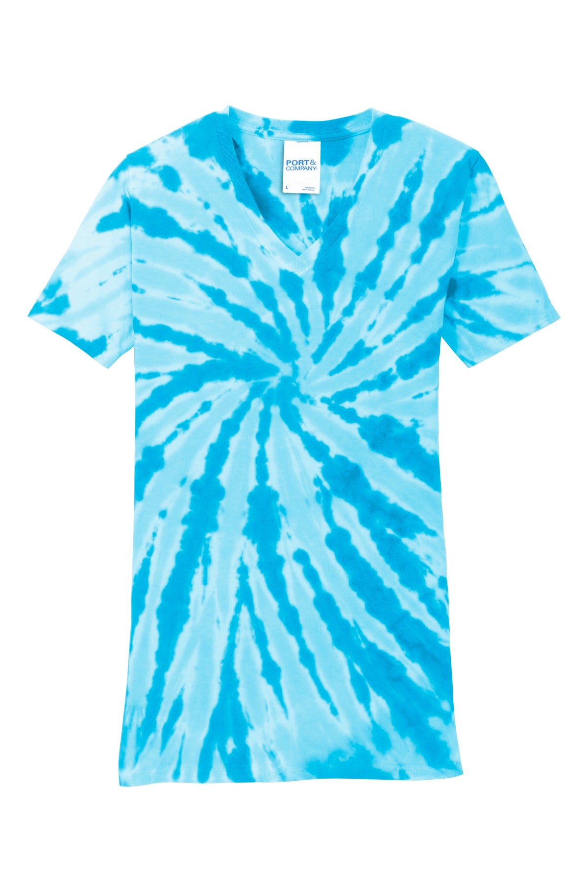 Front View of Turquoise Port & Co Women's Tie-Dye V-Neck Tee. LPC147V