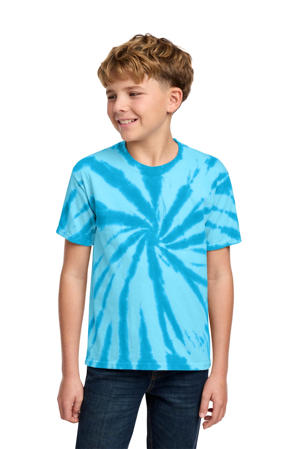 Front View of Turquoise Port & Co Youth Tie-Dye Tee. PC147Y plain