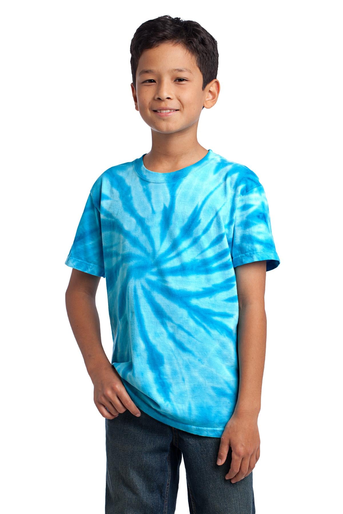 Front View of Turquoise Port & Co Youth Tie-Dye Tee. PC147Y