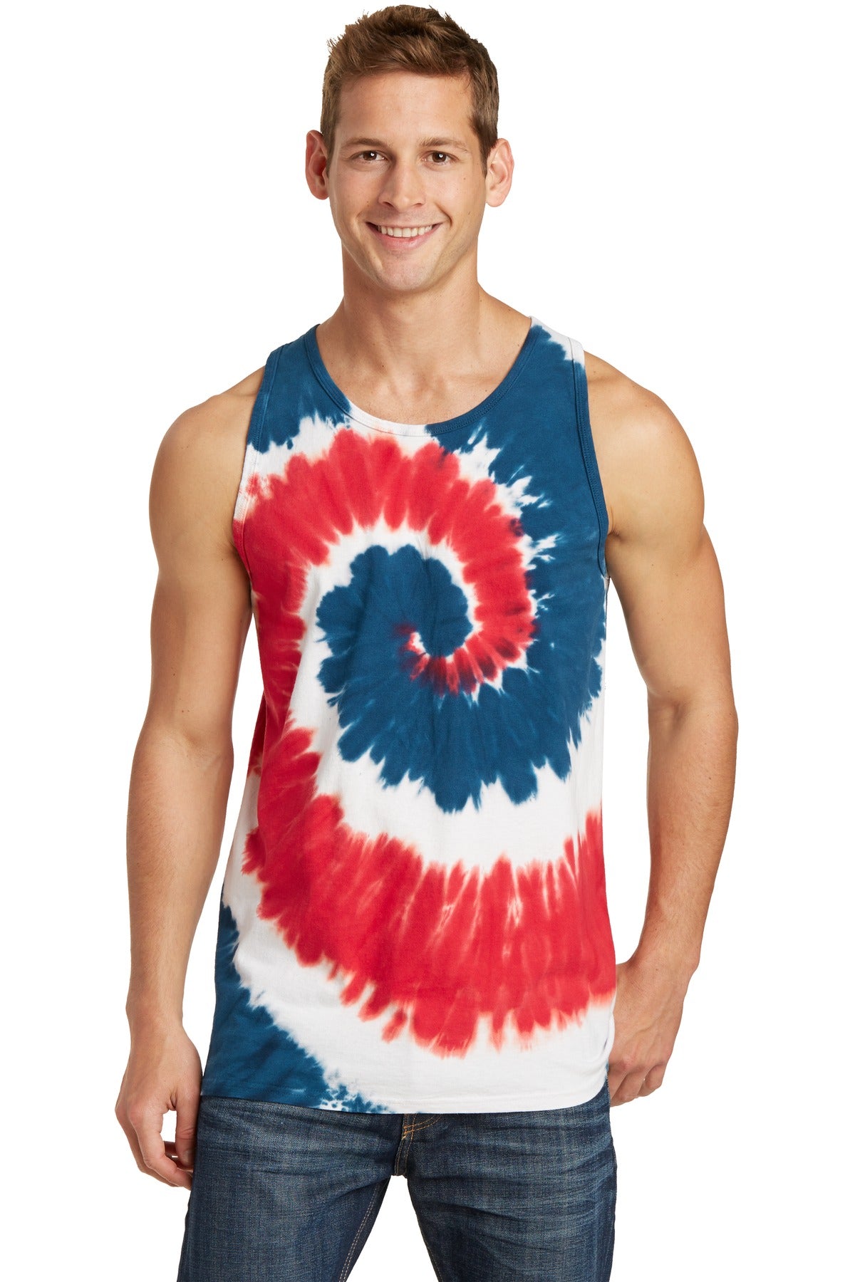 Front View of USA Rainbow Port & Co Tie-Dye Tank Top. PC147TT plain
