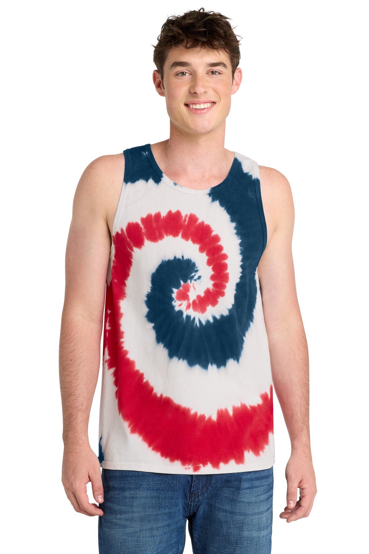 Front View of USA Rainbow Port & Co Tie-Dye Tank Top. PC147TT plain