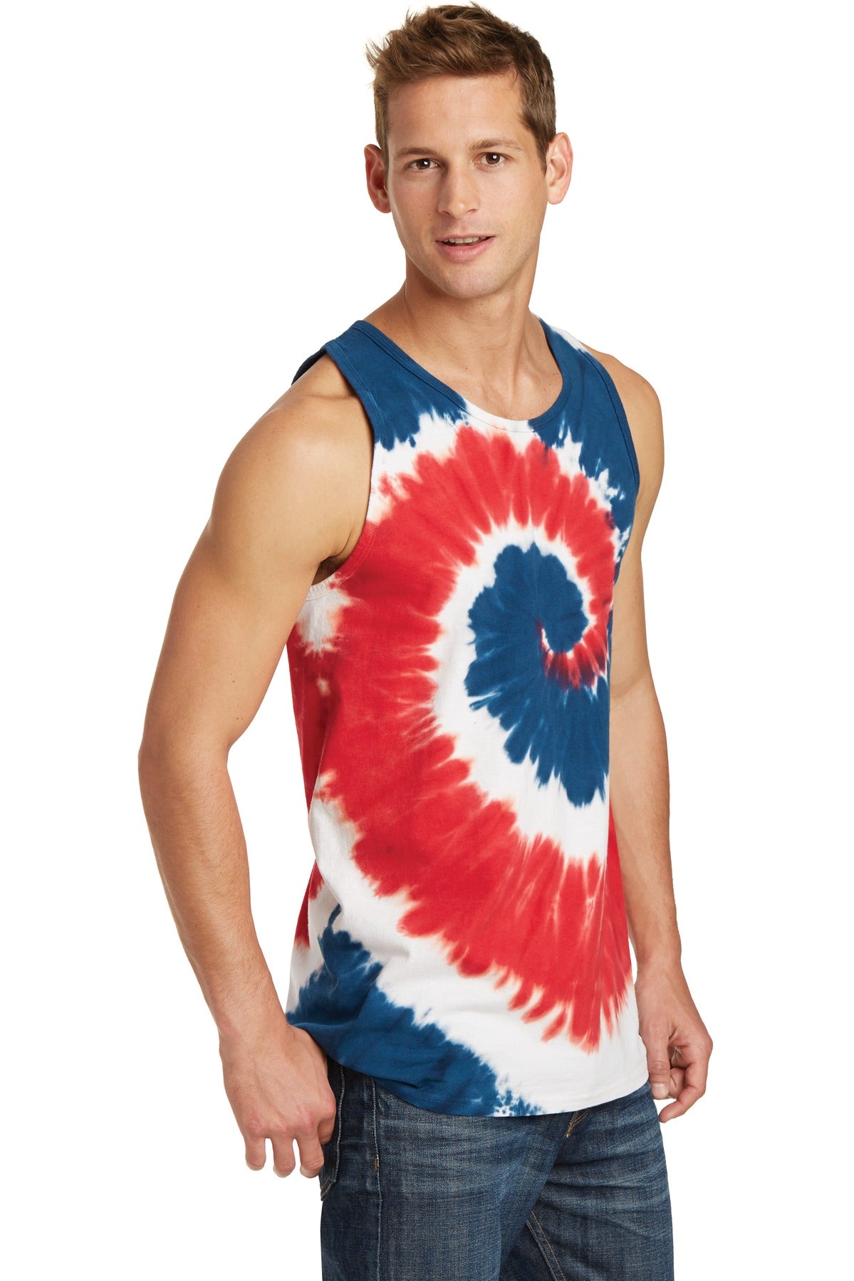 Front View of USA Rainbow Port & Co Tie-Dye Tank Top. PC147TT plain
