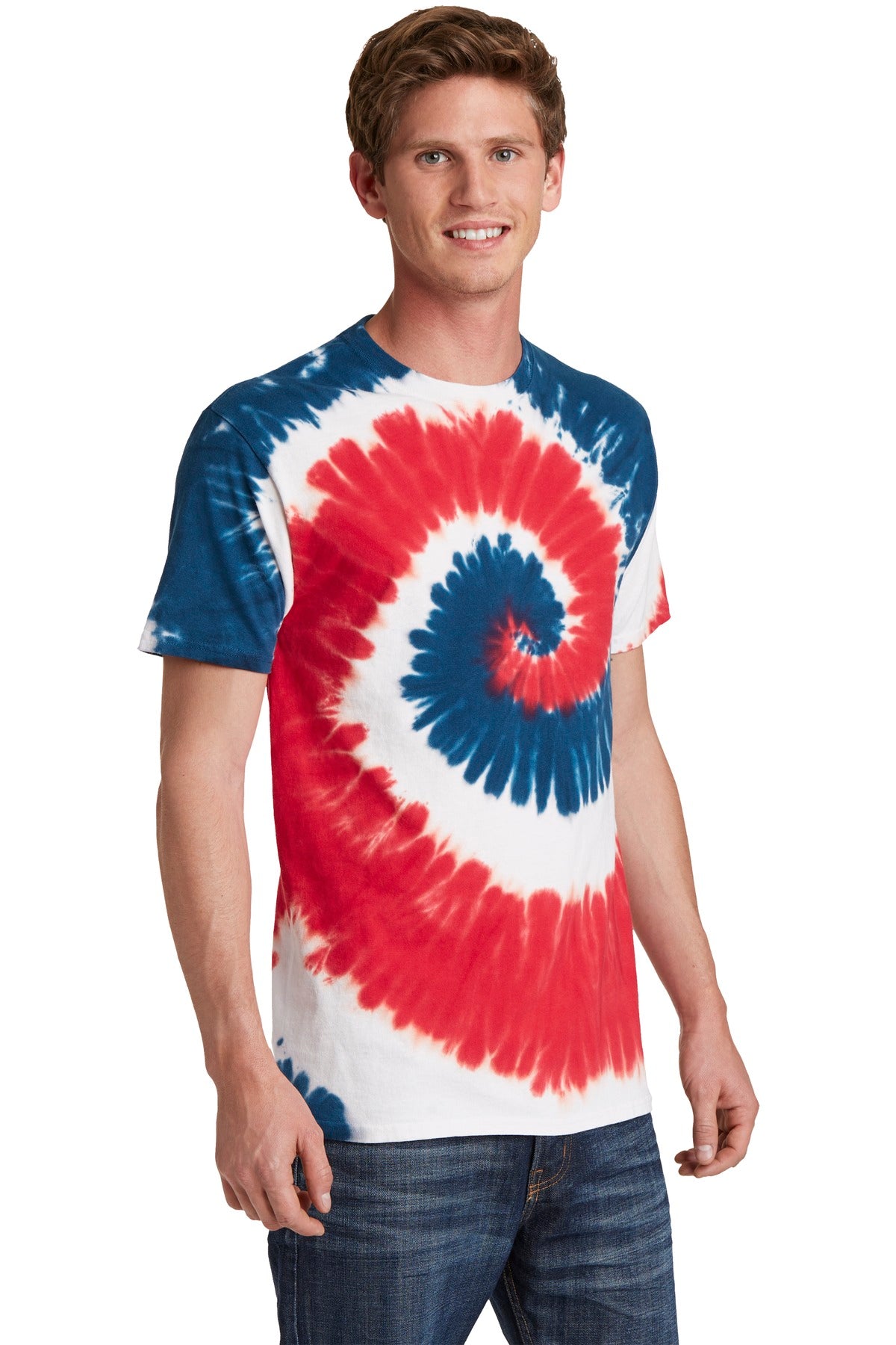 Front View of USA RAINBOW Port & Co Tie-Dye Tee. PC147 plain