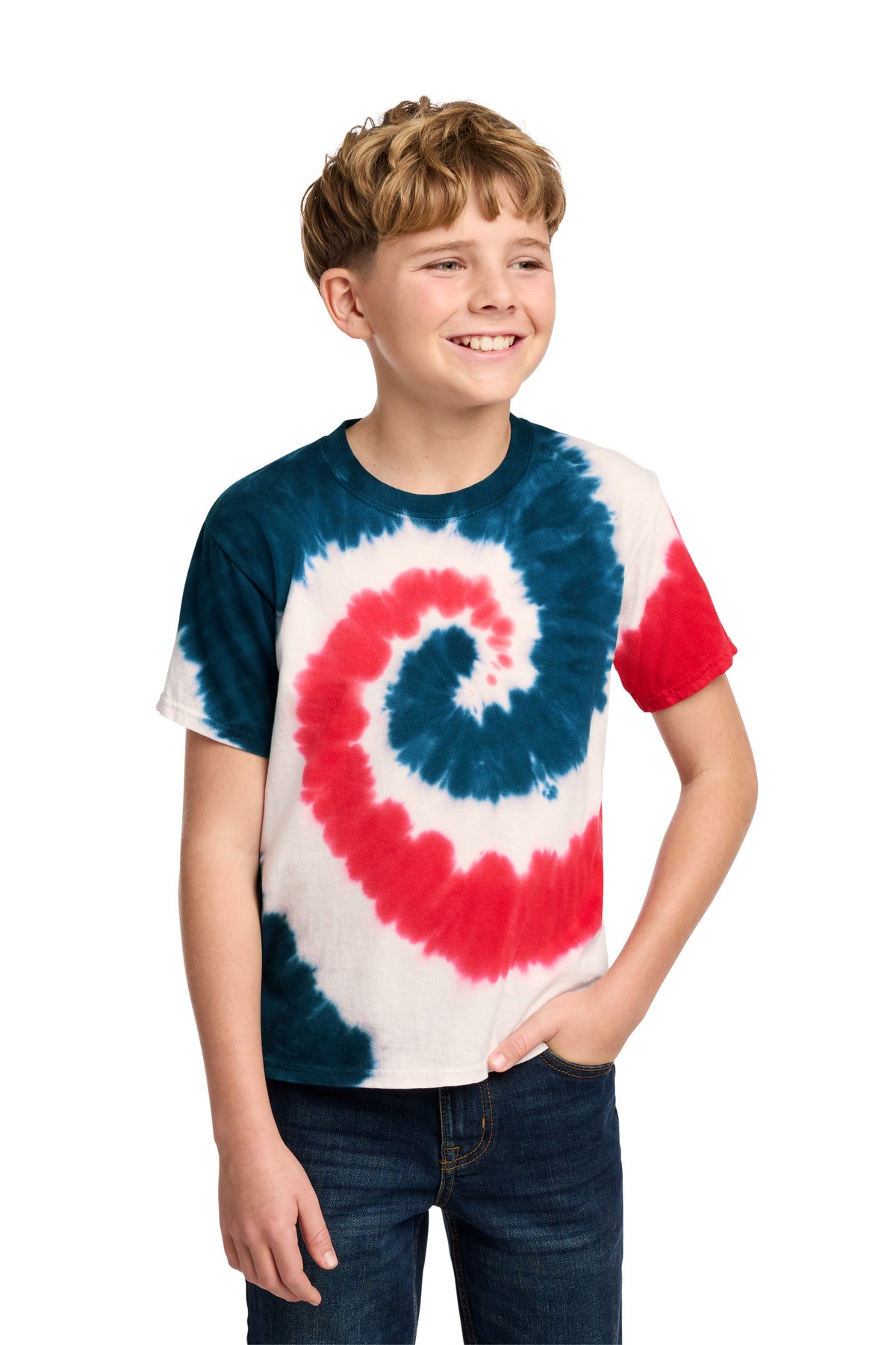 Front View of USA Rainbow Port & Co Youth Tie-Dye Tee. PC147Y plain