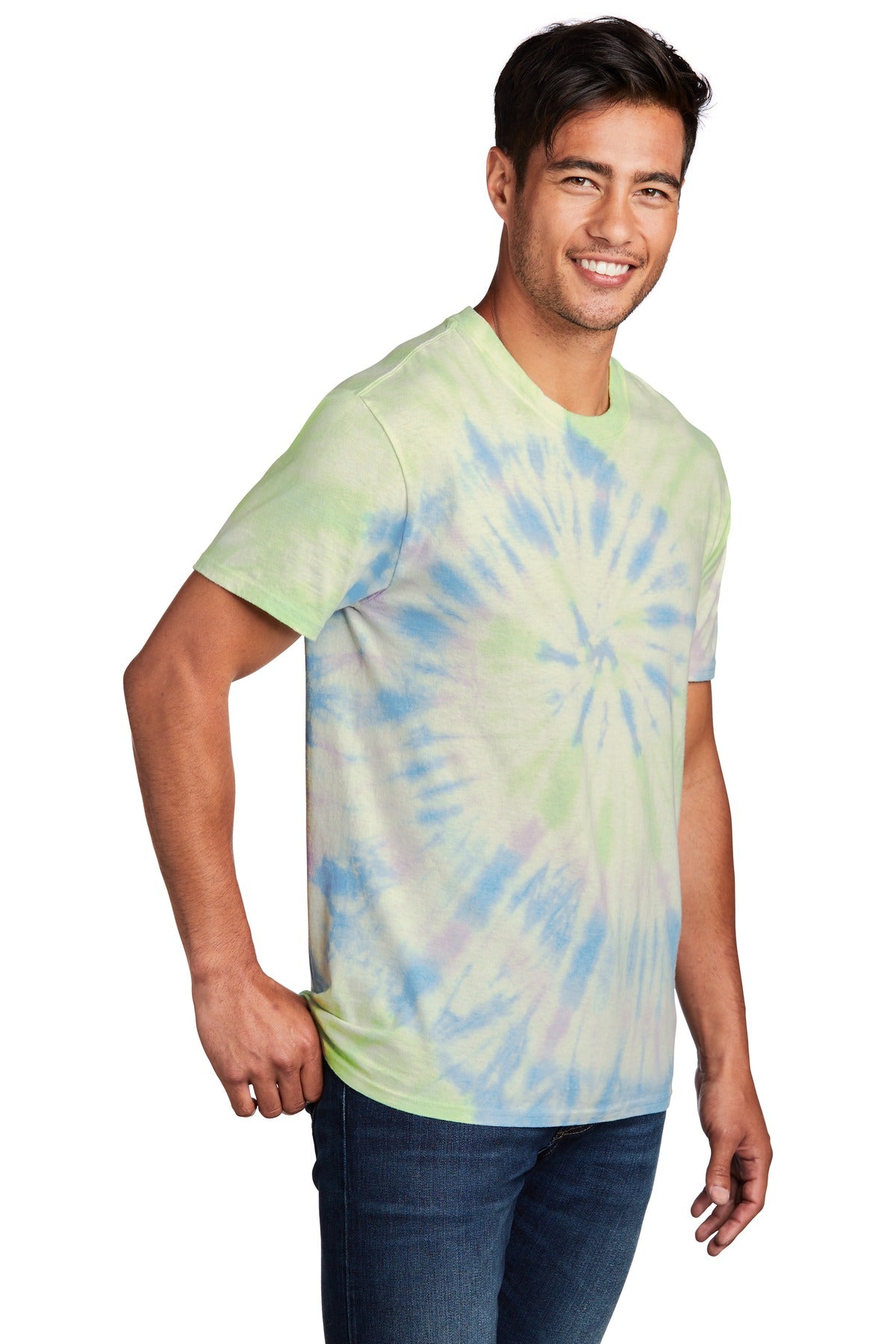 Front View of Watercolor Sp Port & Co Tie-Dye Tee. PC147 plain