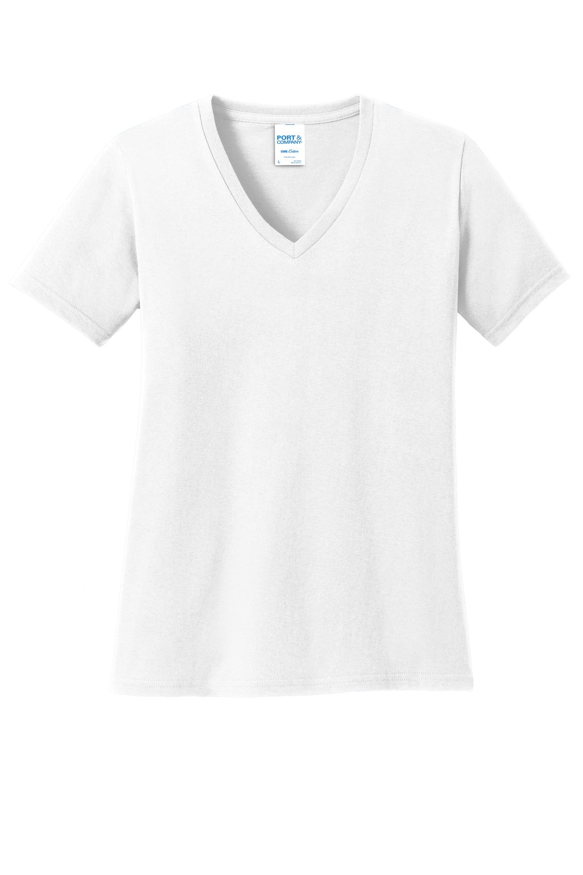 Front View of White Port & Co Women's Core Cotton V-Neck Tee. LPC54V plain