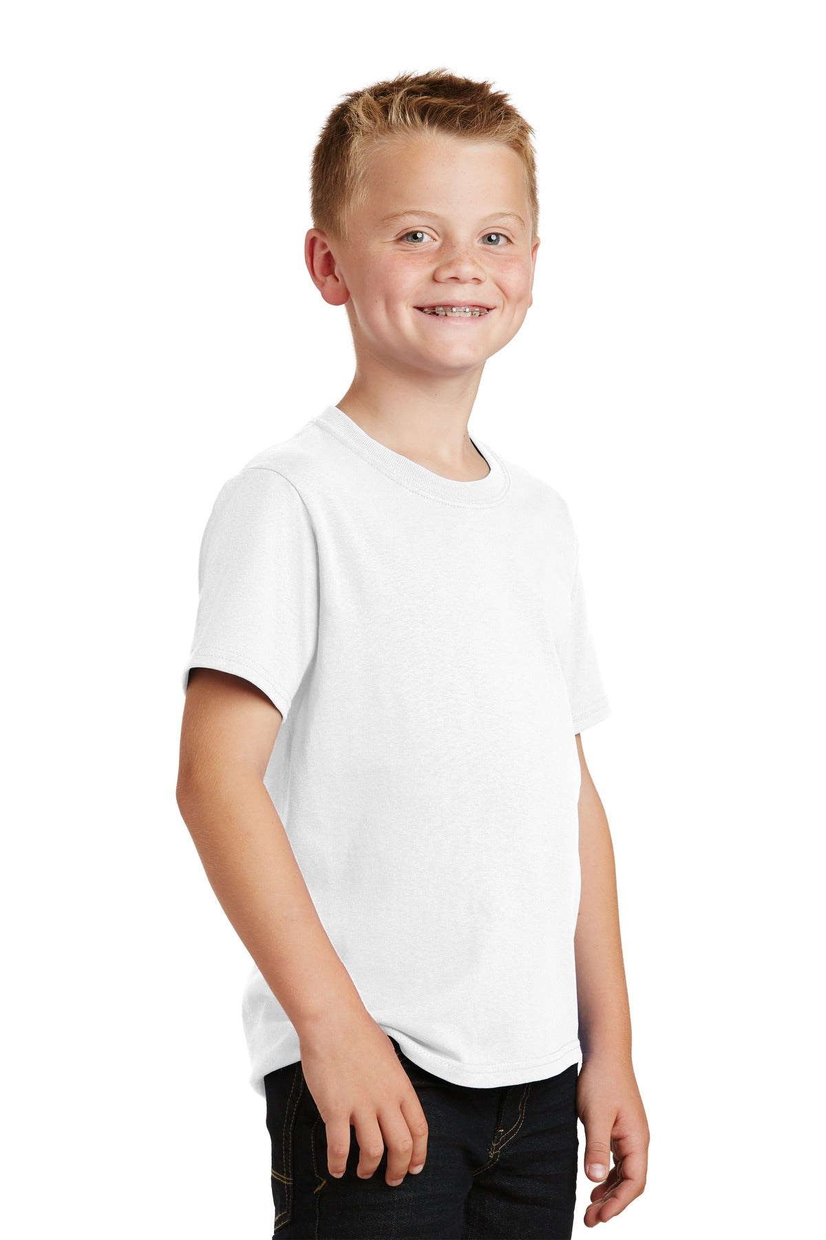 Front View of White Port & Co Youth Core Cotton Tee. PC54Y plain